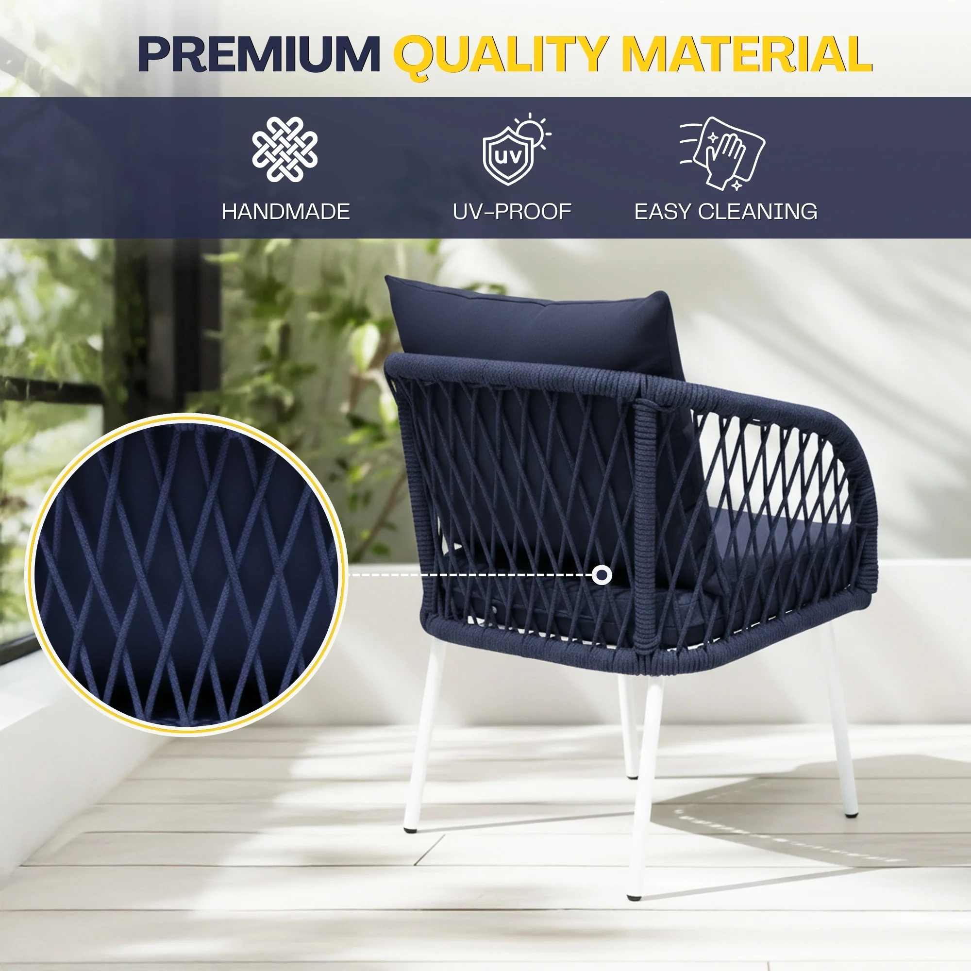 Outdoor Rope 4-Seater Sofa Set with Glass Top Table (Navy-blue & Royal Blue) - Image 7