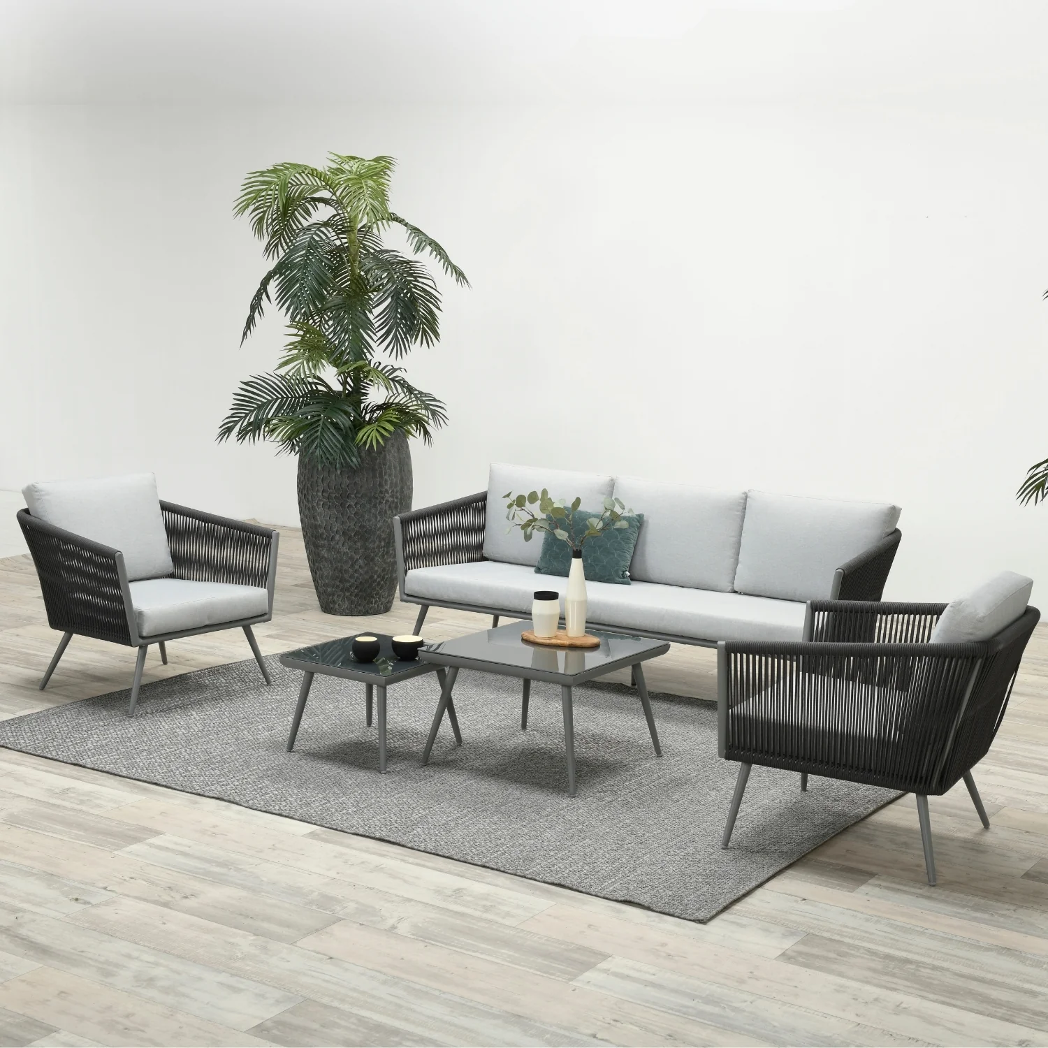 5-Seater Outdoor Rope Patio Sofa Set with Glass Top Tables (Black & Grey)