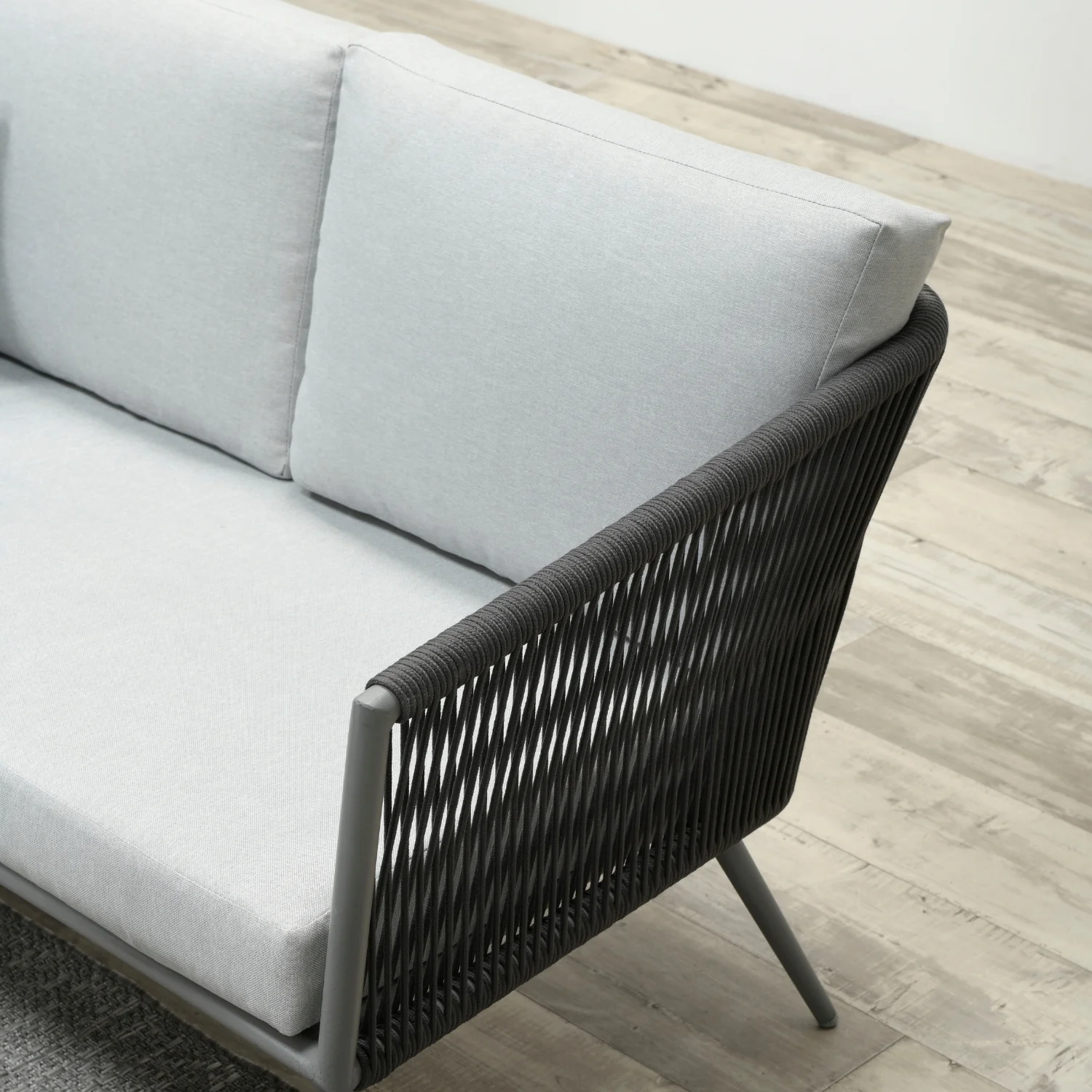 5-Seater Outdoor Rope Patio Sofa Set with Glass Top Tables (Black & Grey) - Image 11