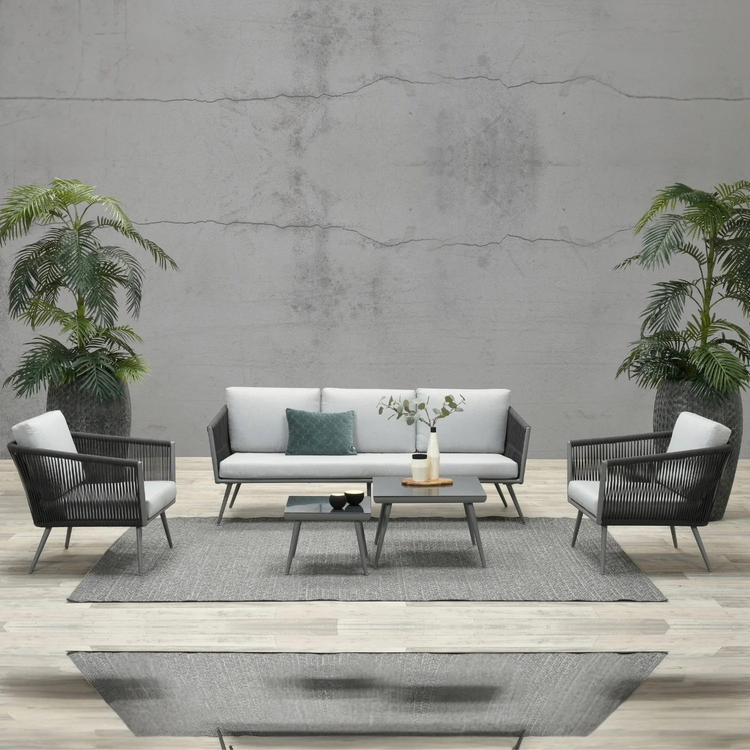 5-Seater Outdoor Rope Patio Sofa Set with Glass Top Tables (Black & Grey) - Image 14