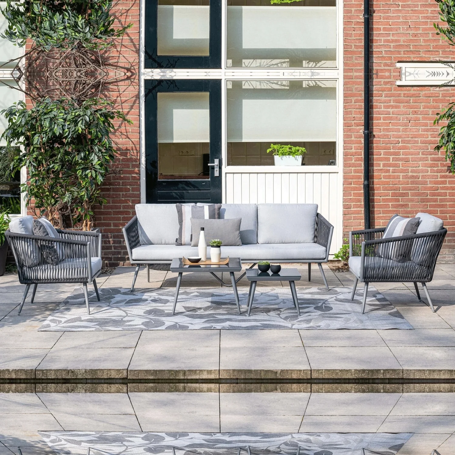 5-Seater Outdoor Rope Patio Sofa Set with Glass Top Tables (Black & Grey) - Image 17
