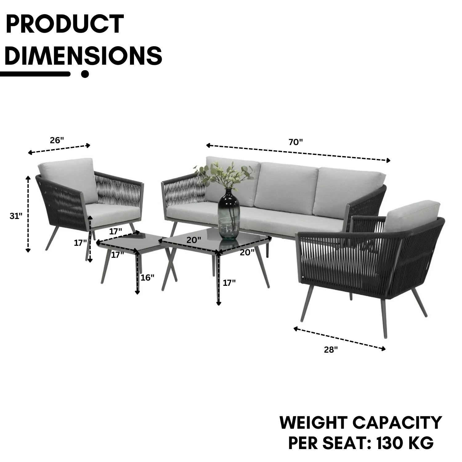 5-Seater Outdoor Rope Patio Sofa Set with Glass Top Tables (Black & Grey) - Image 2
