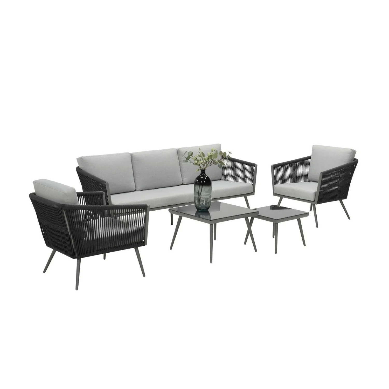 5-Seater Outdoor Rope Patio Sofa Set with Glass Top Tables (Black & Grey) - Image 5
