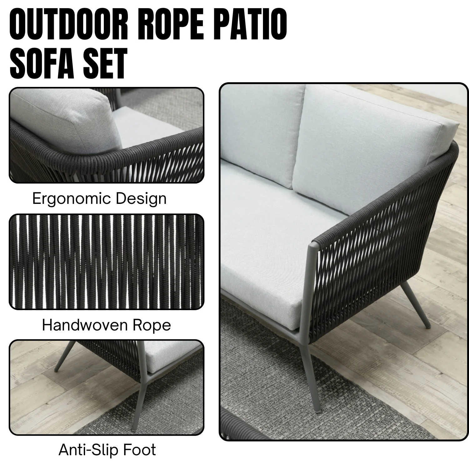 5-Seater Outdoor Rope Patio Sofa Set with Glass Top Tables (Black & Grey) - Image 6