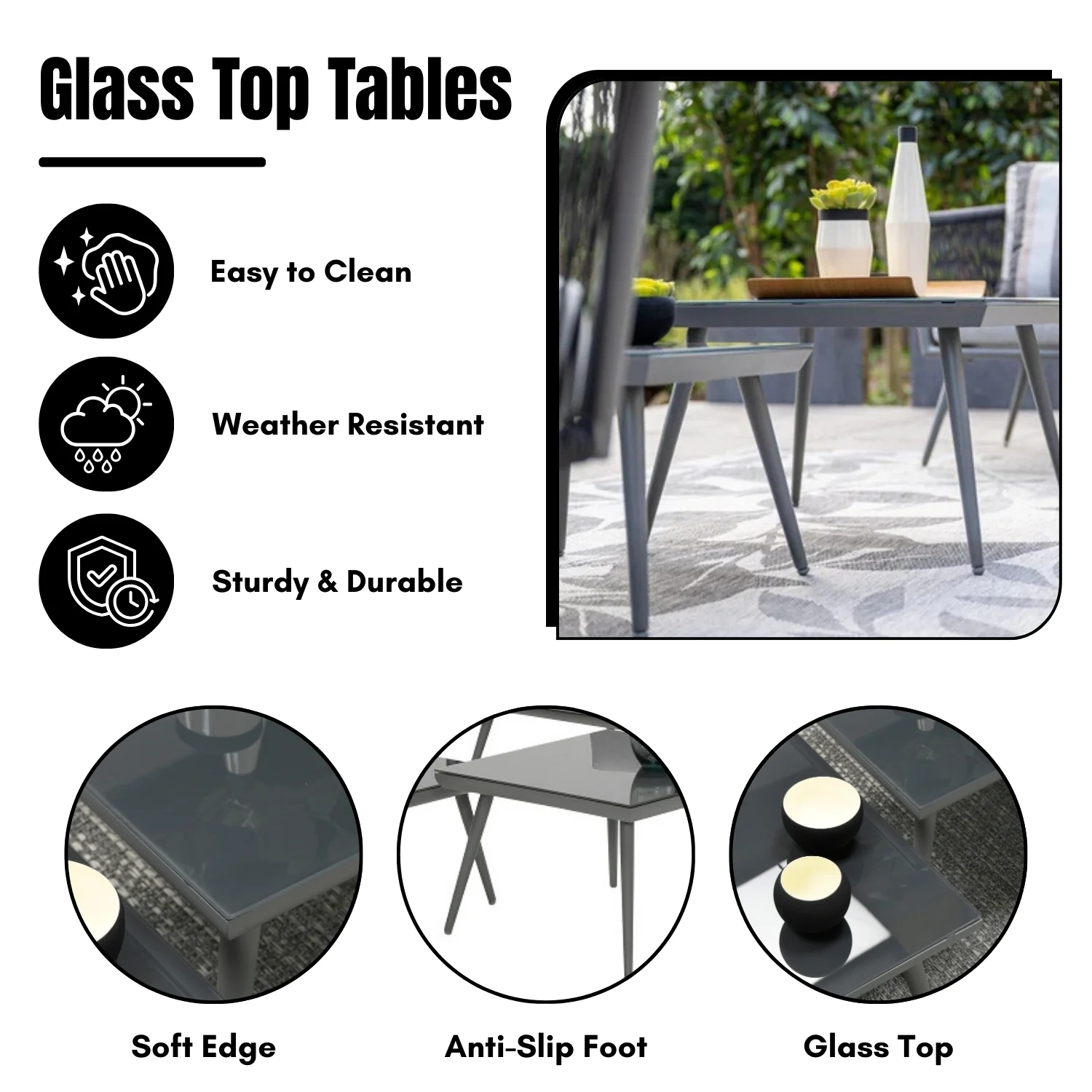 5-Seater Outdoor Rope Patio Sofa Set with Glass Top Tables (Black & Grey) - Image 8