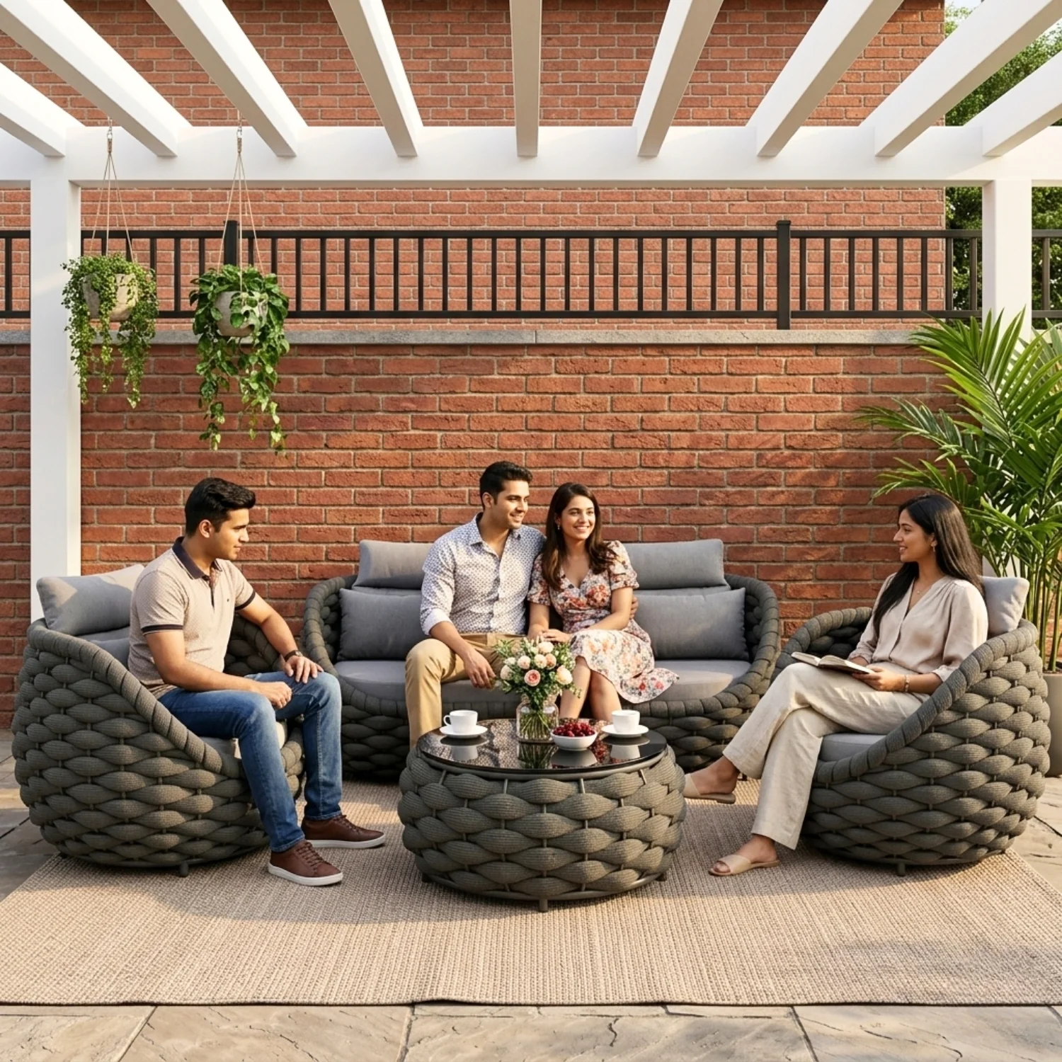 Outdoor Rope 5-Seater Sofa Set with Glass Top Center Table ( Blackish Grey & Grey) - Image 10