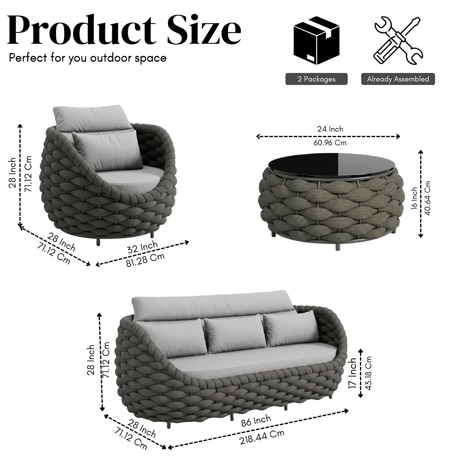 Outdoor Rope 5-Seater Sofa Set with Glass Top Center Table ( Blackish Grey & Grey) - Image 2