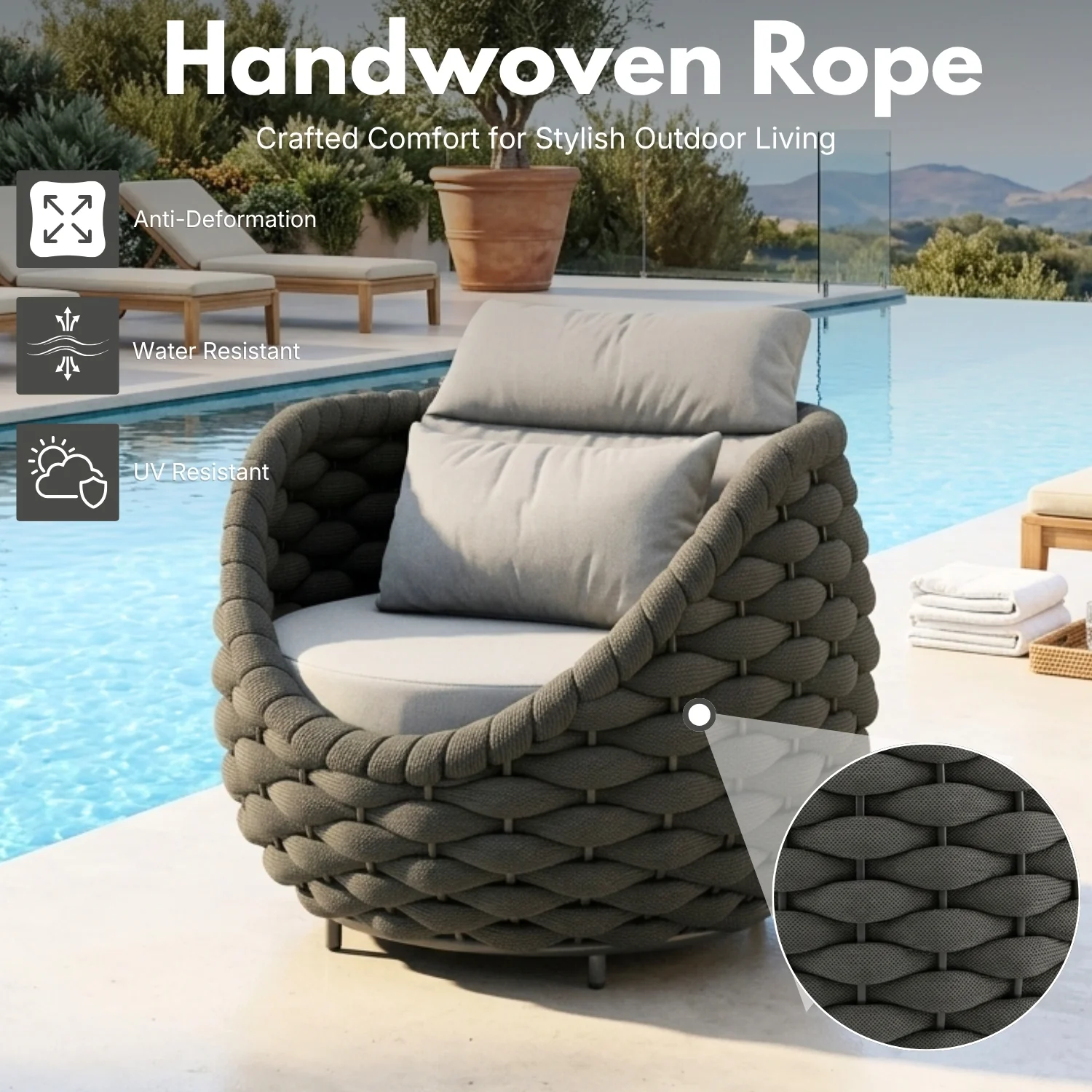 Outdoor Rope 5-Seater Sofa Set with Glass Top Center Table ( Blackish Grey & Grey) - Image 3