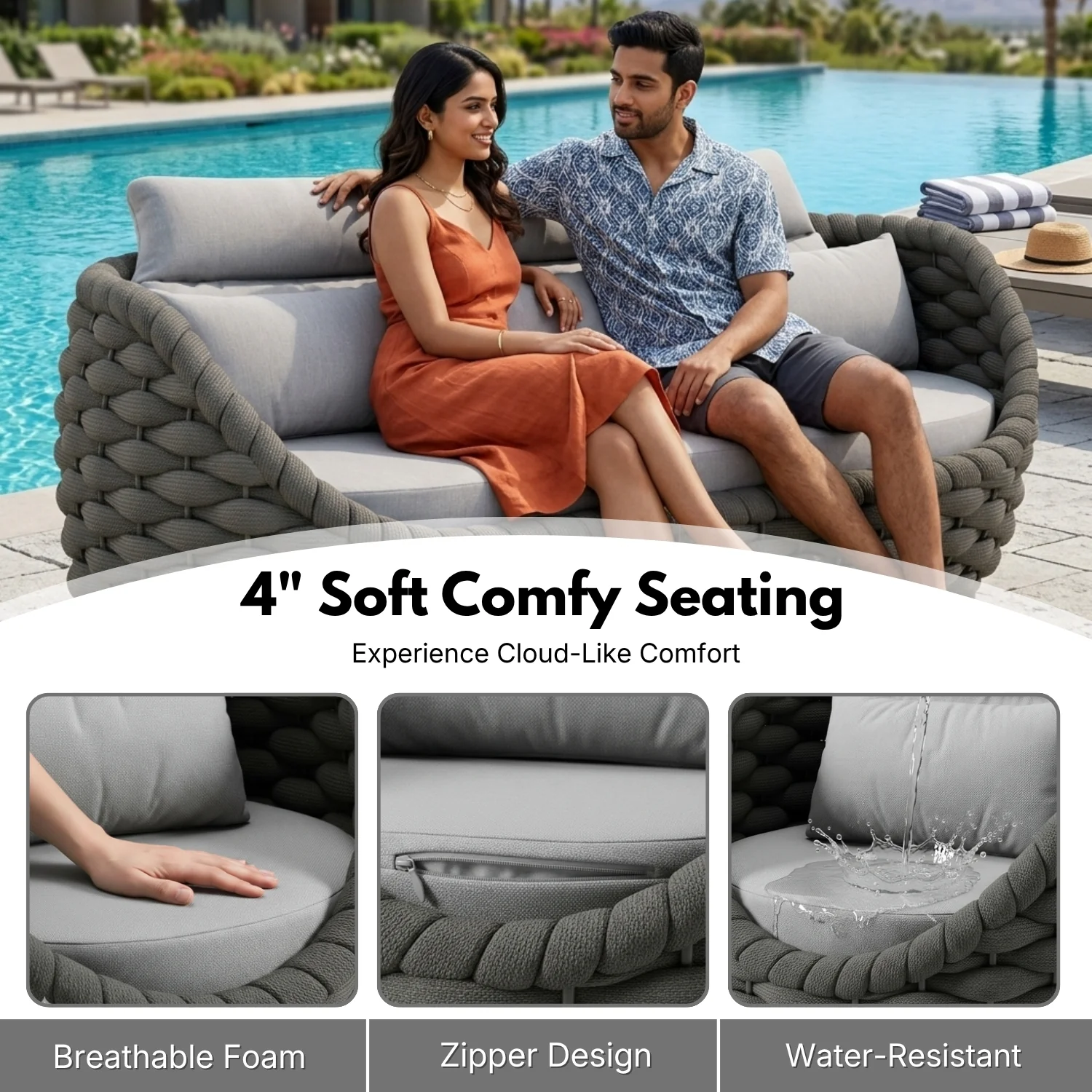 Outdoor Rope 5-Seater Sofa Set with Glass Top Center Table ( Blackish Grey & Grey) - Image 5