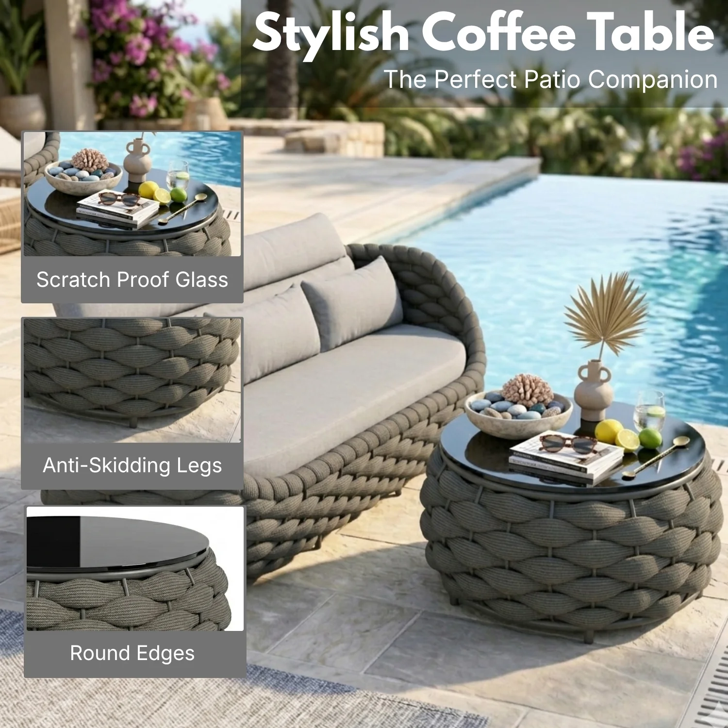 Outdoor Rope 5-Seater Sofa Set with Glass Top Center Table ( Blackish Grey & Grey) - Image 6