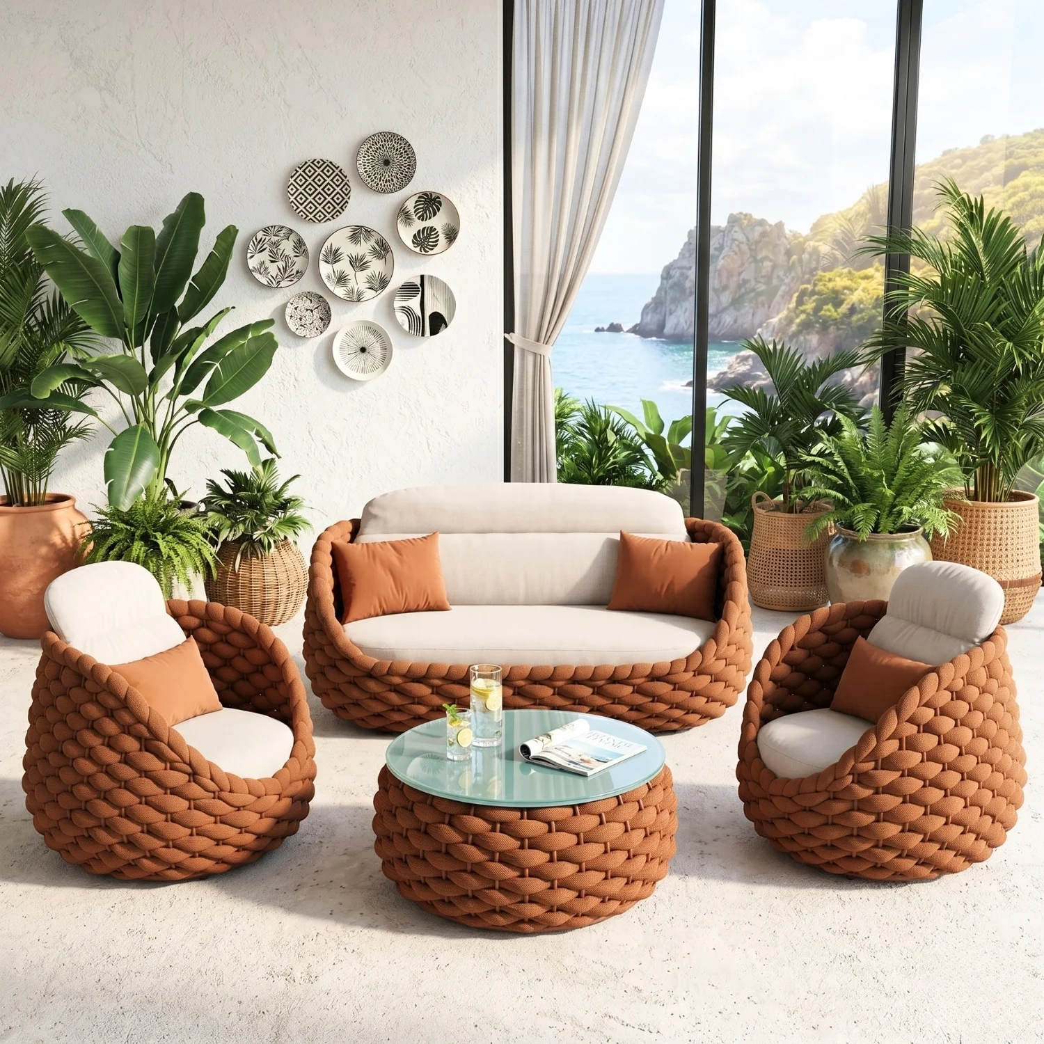 Outdoor Rope 5-Seater Sofa Set with Glass Top Center Table (Brown & Off-White)