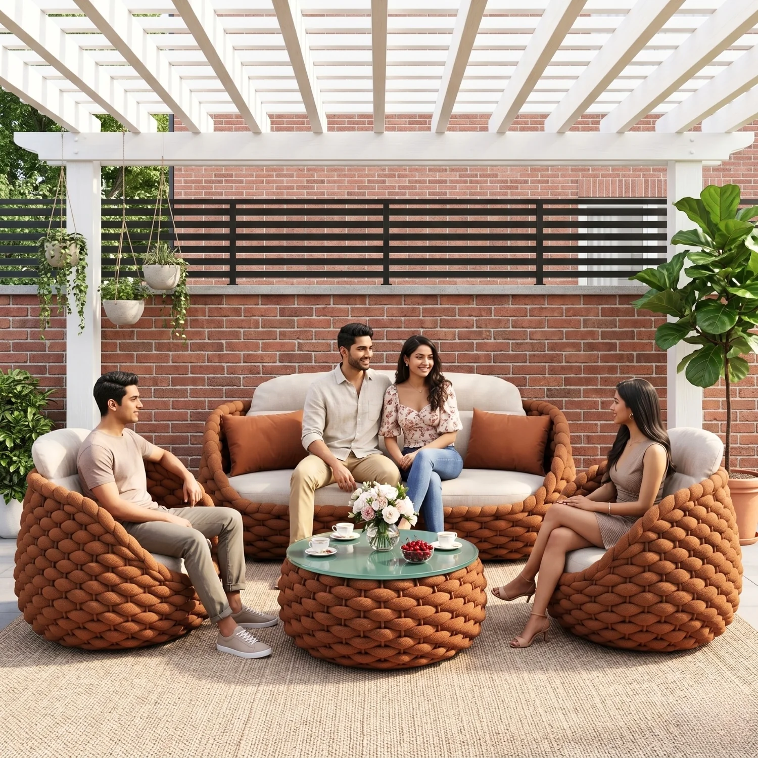 Outdoor Rope 5-Seater Sofa Set with Glass Top Center Table (Brown & Off-White) - Image 10