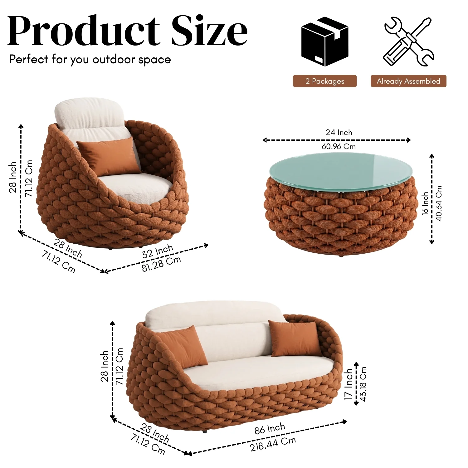 Outdoor Rope 5-Seater Sofa Set with Glass Top Center Table (Brown & Off-White) - Image 2