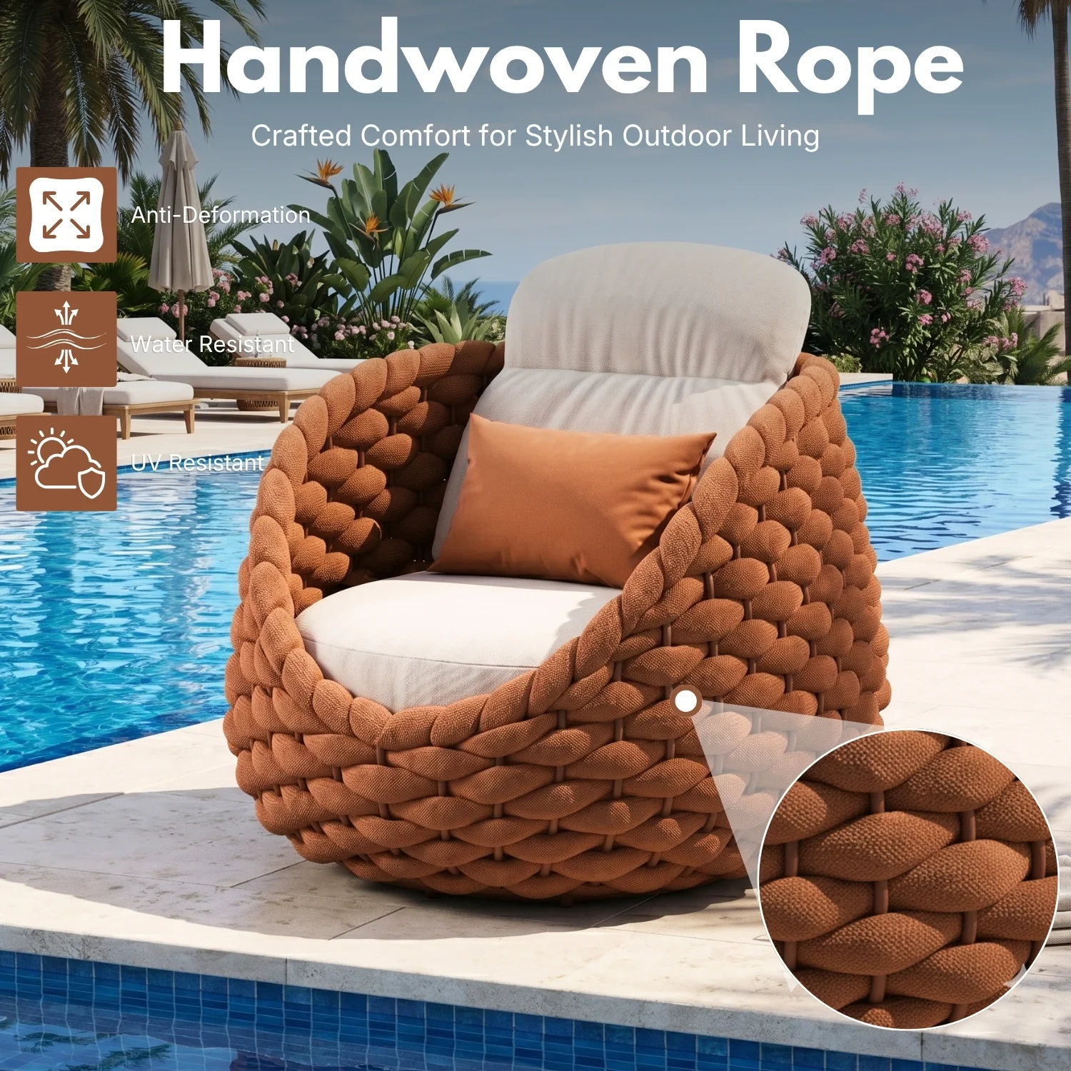 Outdoor Rope 5-Seater Sofa Set with Glass Top Center Table (Brown & Off-White) - Image 3