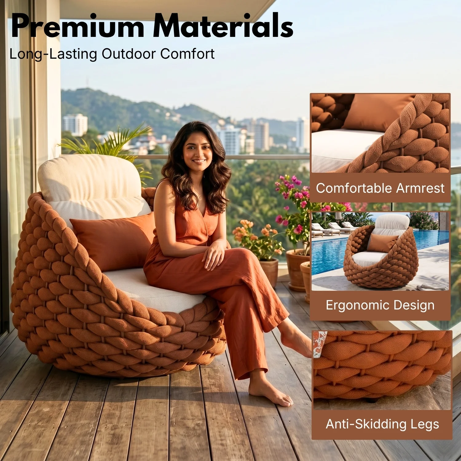 Outdoor Rope 5-Seater Sofa Set with Glass Top Center Table (Brown & Off-White) - Image 4