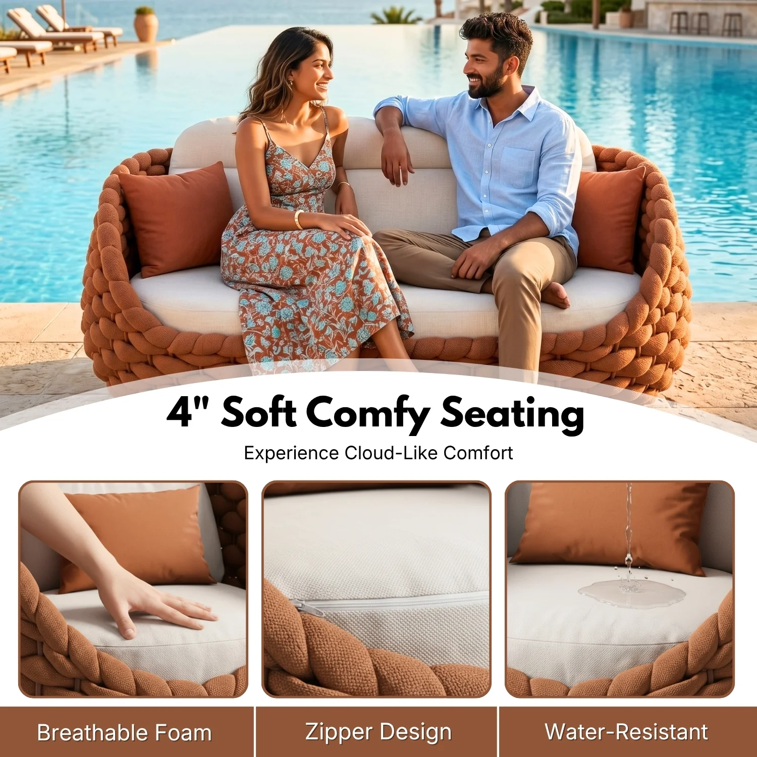 Outdoor Rope 5-Seater Sofa Set with Glass Top Center Table (Brown & Off-White) - Image 5