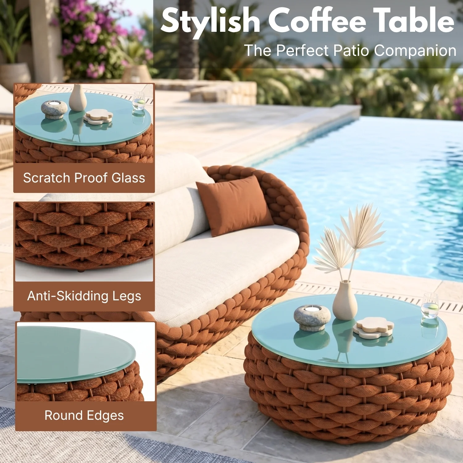 Outdoor Rope 5-Seater Sofa Set with Glass Top Center Table (Brown & Off-White) - Image 6