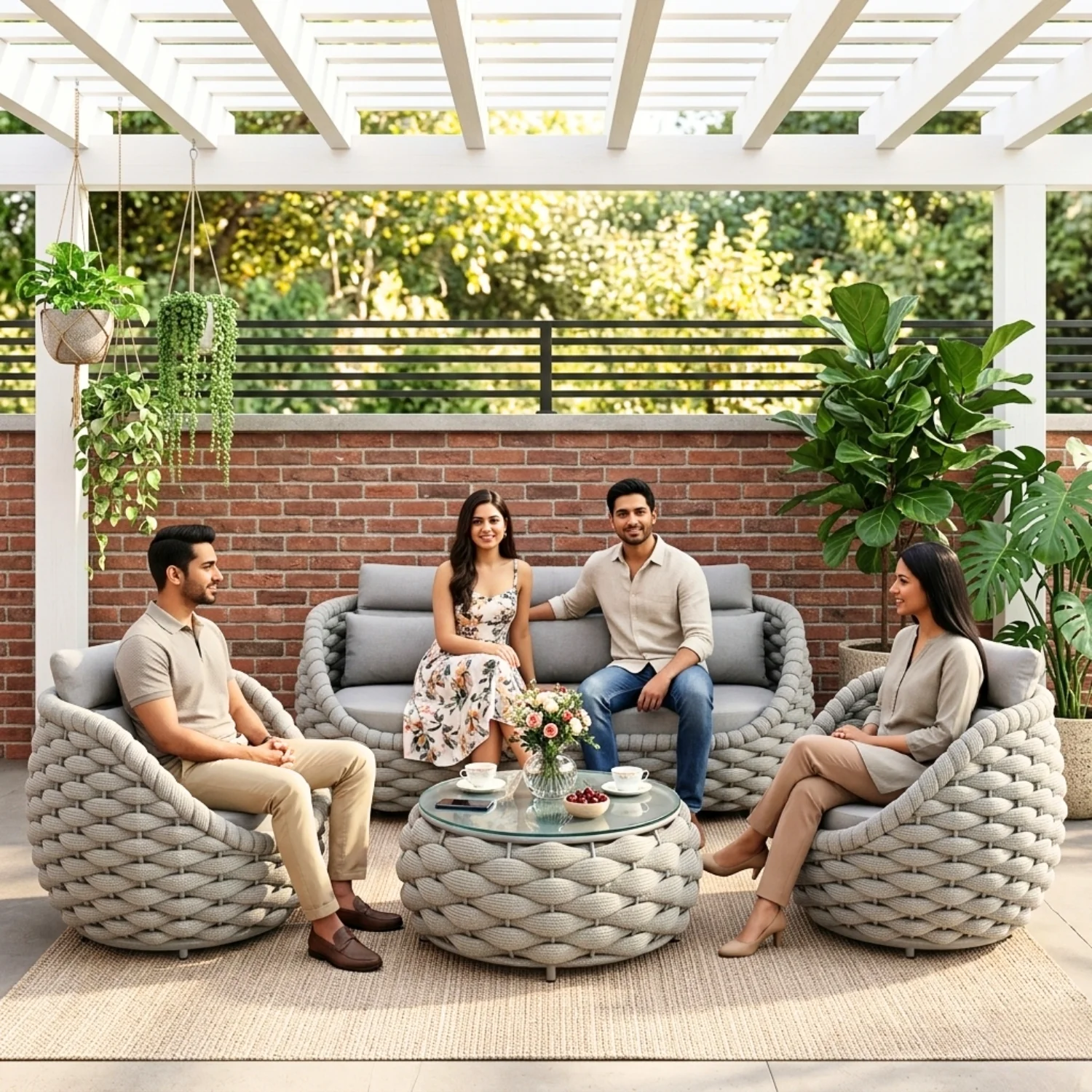 Outdoor Rope 5-Seater Sofa Set with Glass Top Center Table (Grey) - Image 10