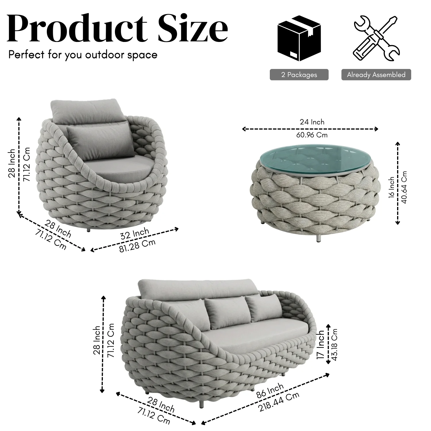 Outdoor Rope 5-Seater Sofa Set with Glass Top Center Table (Grey) - Image 2