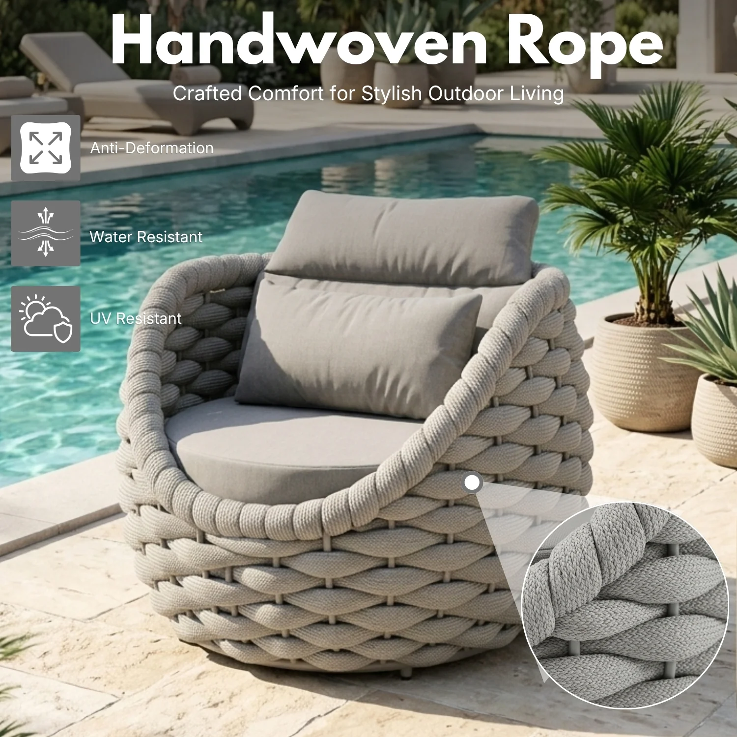 Outdoor Rope 5-Seater Sofa Set with Glass Top Center Table (Grey) - Image 3