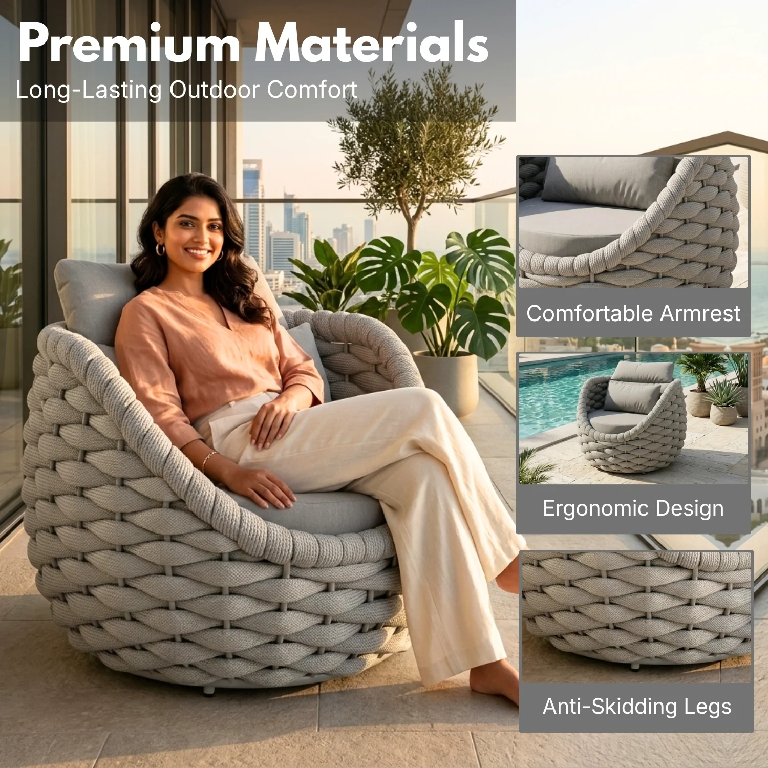 Outdoor Rope 5-Seater Sofa Set with Glass Top Center Table (Grey) - Image 4