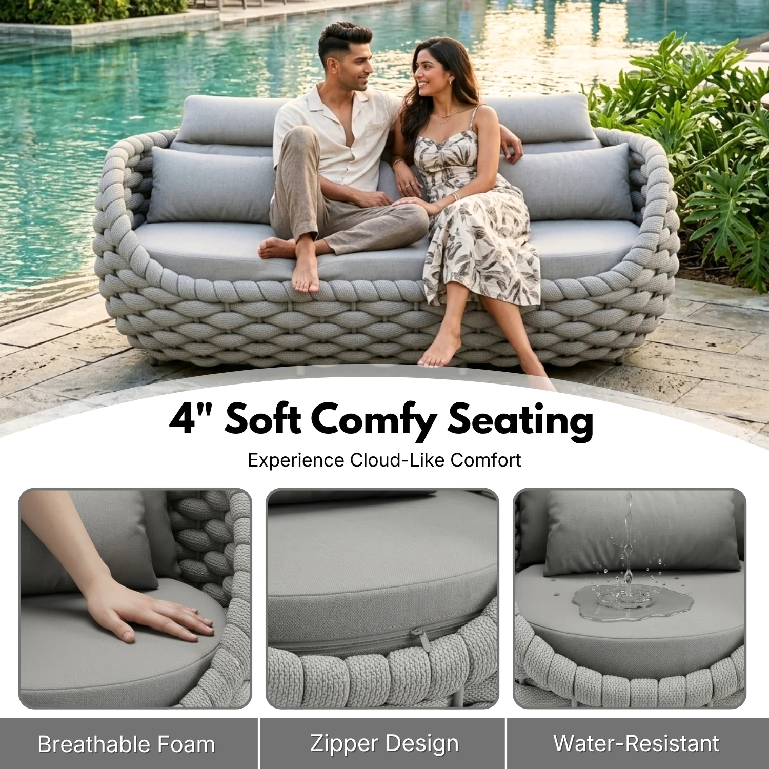 Outdoor Rope 5-Seater Sofa Set with Glass Top Center Table (Grey) - Image 5