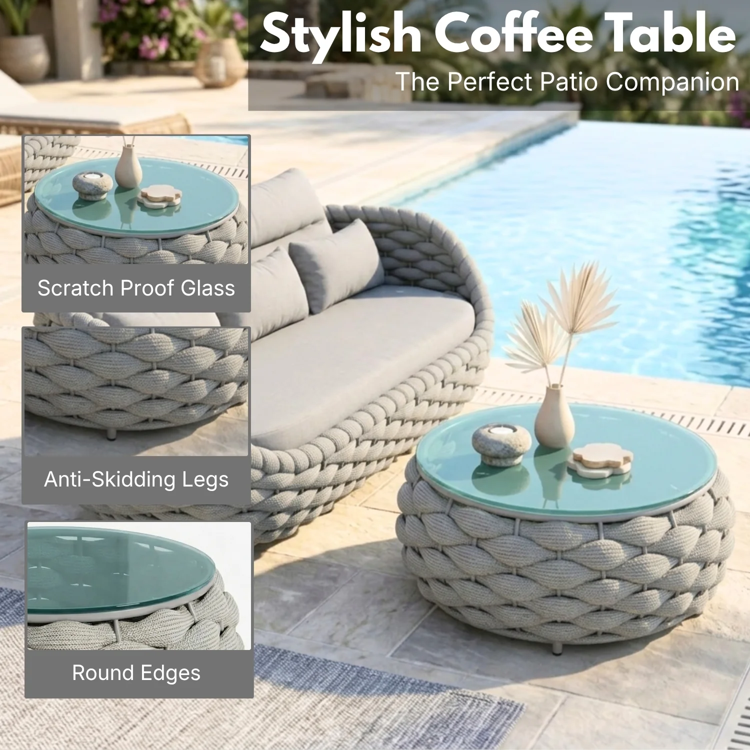 Outdoor Rope 5-Seater Sofa Set with Glass Top Center Table (Grey) - Image 6