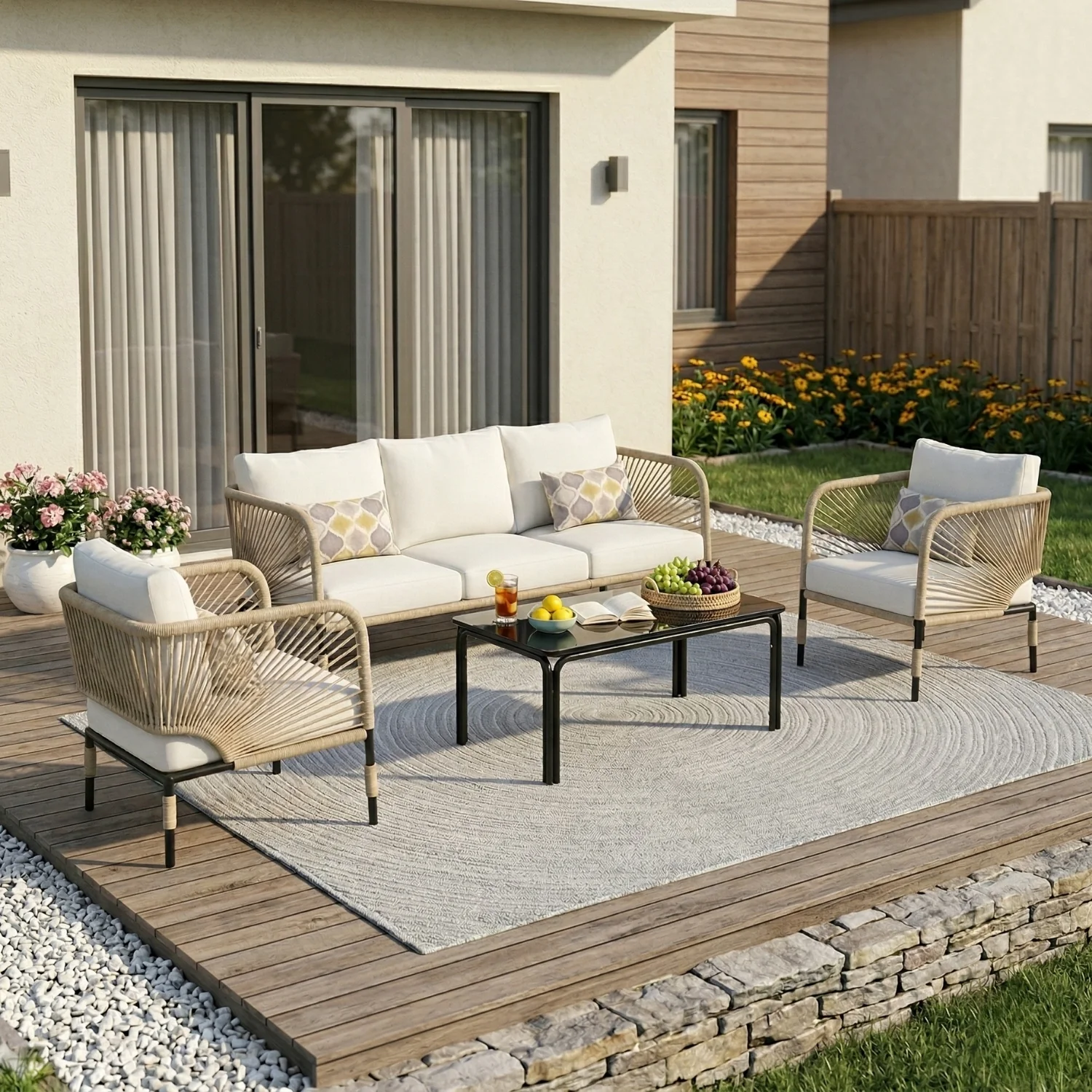 Outdoor Rope 5-Seater Sofa Set With Glass Top Table