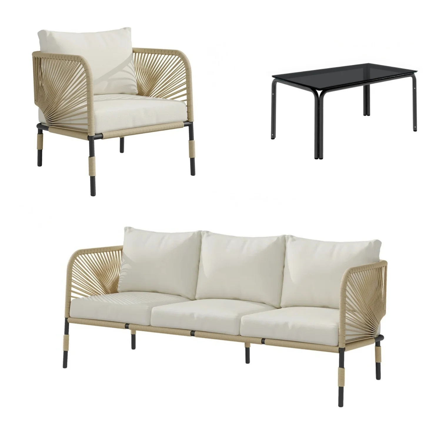 Outdoor Rope 5-Seater Sofa Set With Glass Top Table - Image 16