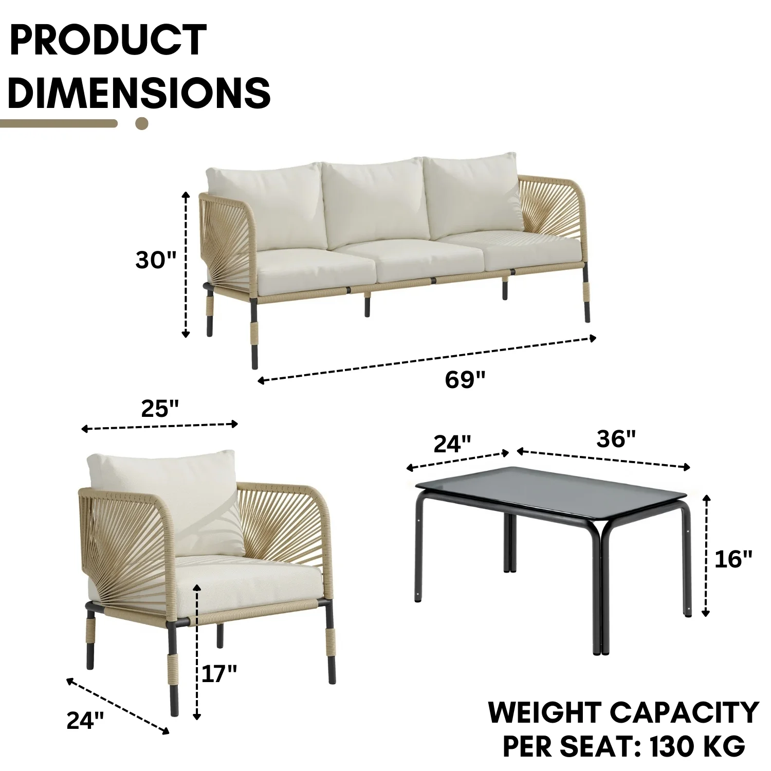 Outdoor Rope 5-Seater Sofa Set With Glass Top Table - Image 2