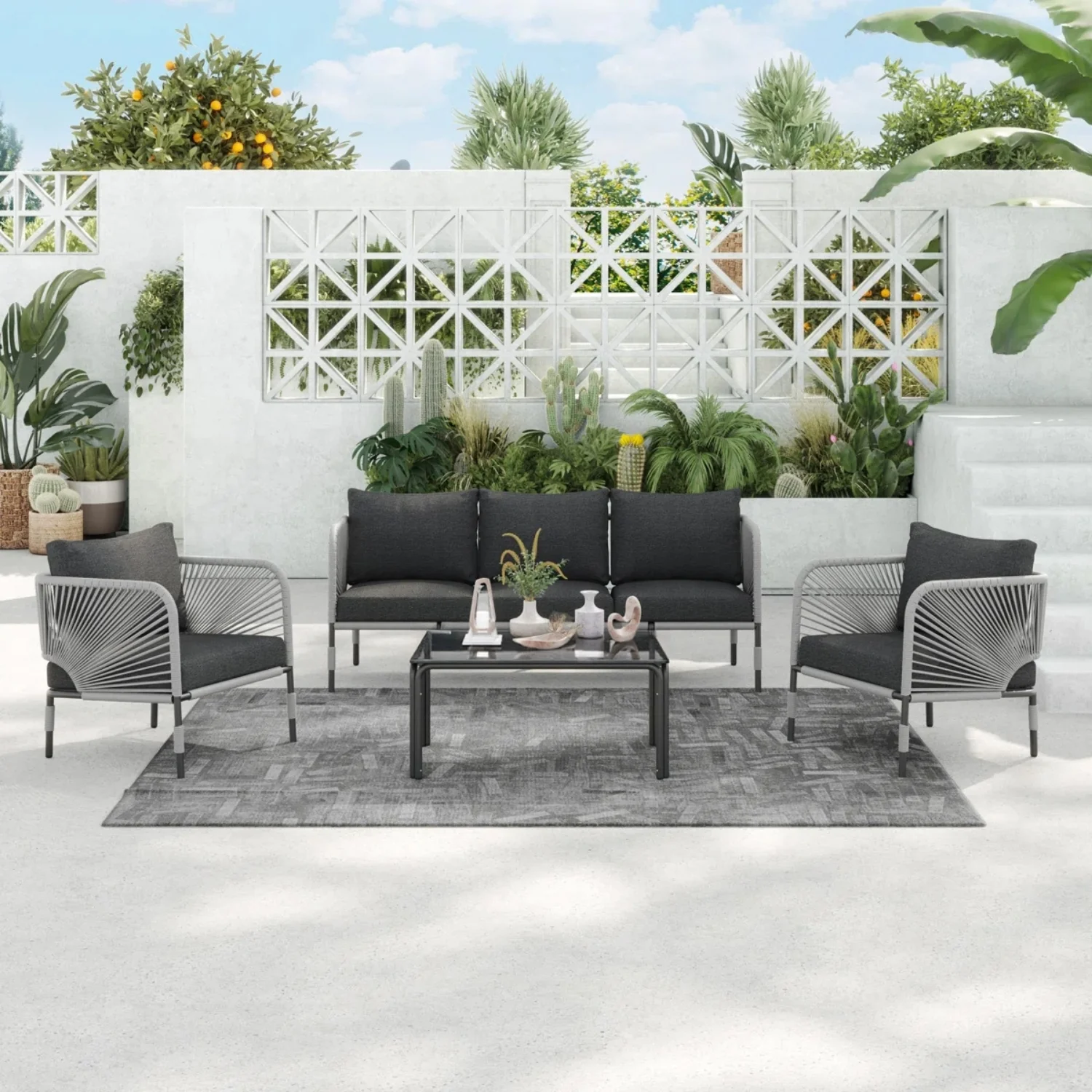 Outdoor Rope 5-Seater Sofa Set With Glass Top Table - Image 17