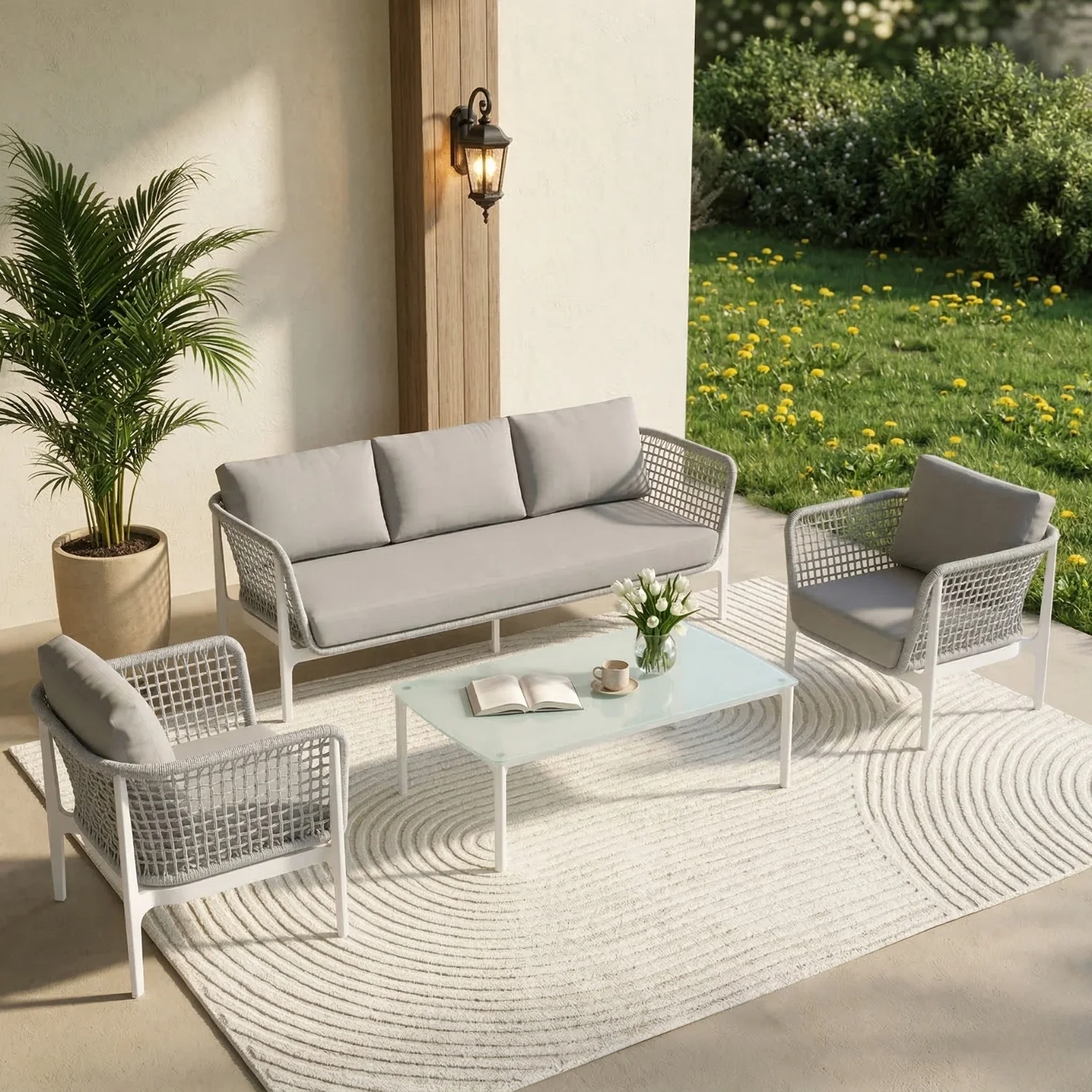 Outdoor Rope 5-Seater  Sofa Set With Glass Top Table (Grey)