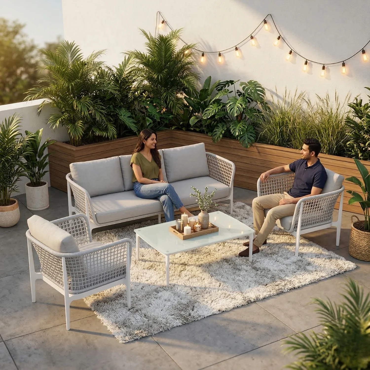 Outdoor Rope 5-Seater  Sofa Set With Glass Top Table (Grey) - Image 11