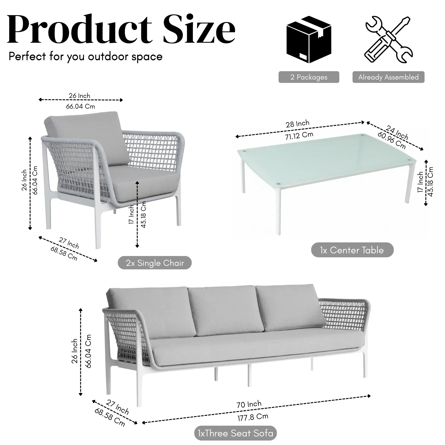 Outdoor Rope 5-Seater  Sofa Set With Glass Top Table (Grey) - Image 2