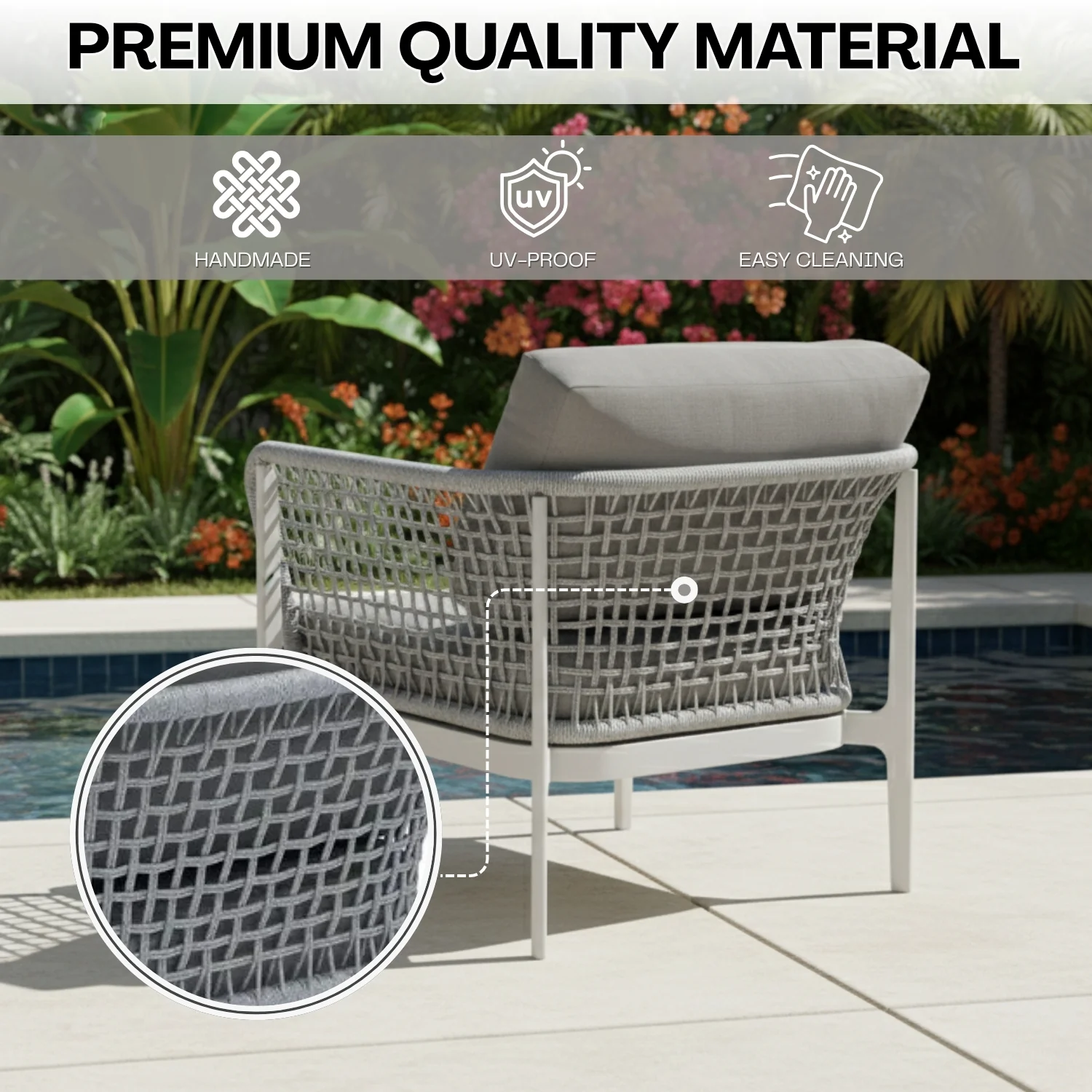 Outdoor Rope 5-Seater  Sofa Set With Glass Top Table (Grey) - Image 4