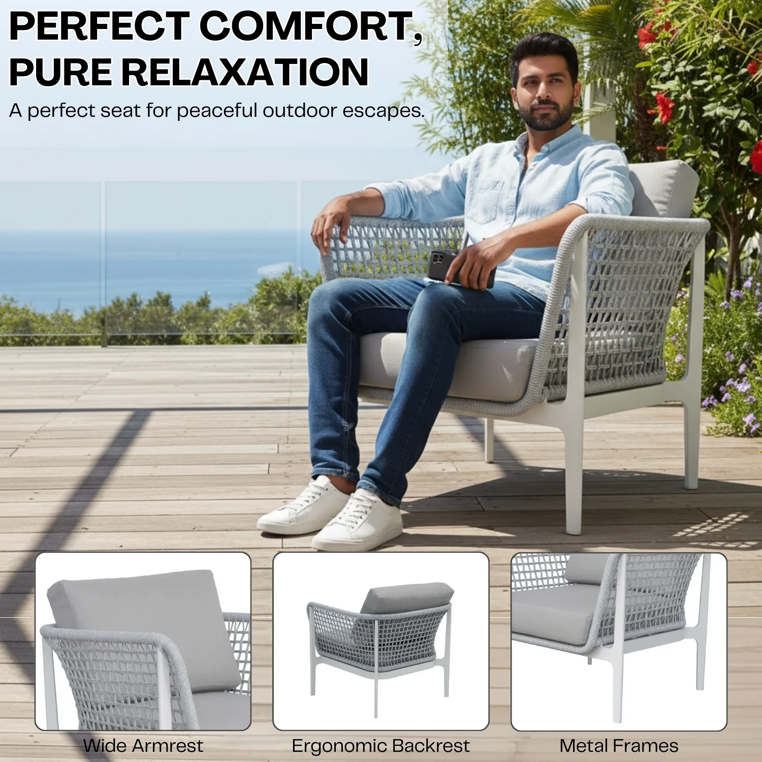 Outdoor Rope 5-Seater  Sofa Set With Glass Top Table (Grey) - Image 5