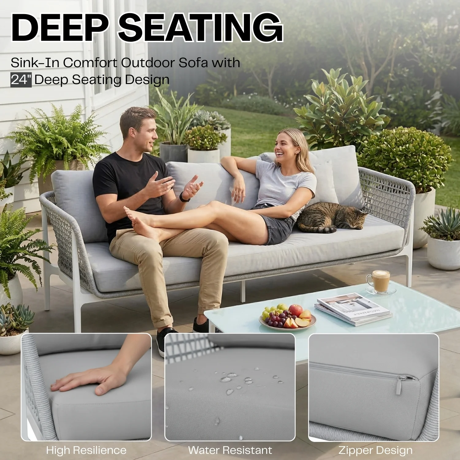 Outdoor Rope 5-Seater  Sofa Set With Glass Top Table (Grey) - Image 6