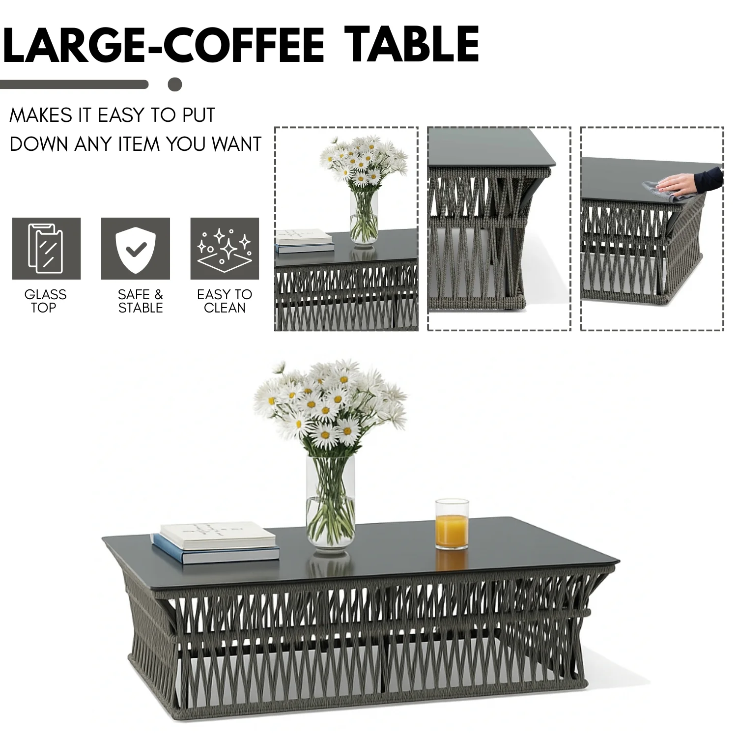 Outdoor Rope 7-Seater Sofa Set With Glass Top Table - Image 8