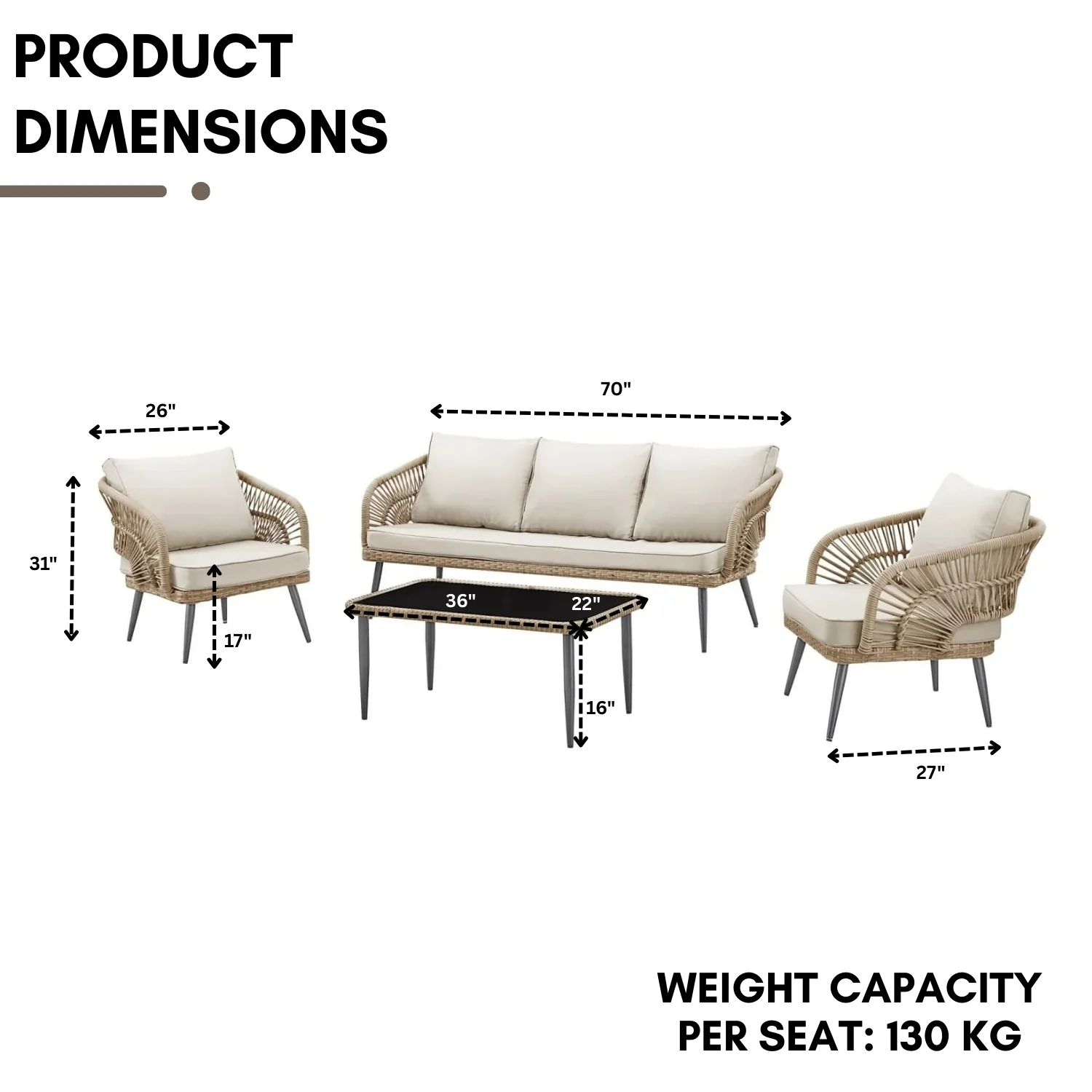 Outdoor Rope Conversation Patio Sofa Set (Beige/Cream) - Image 2