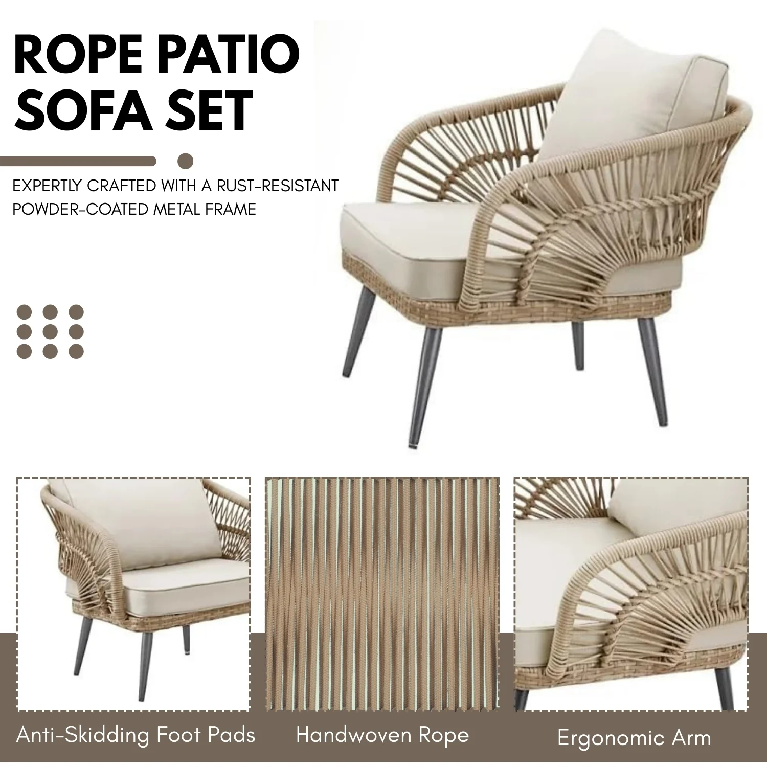 Outdoor Rope Conversation Patio Sofa Set (Beige/Cream) - Image 6