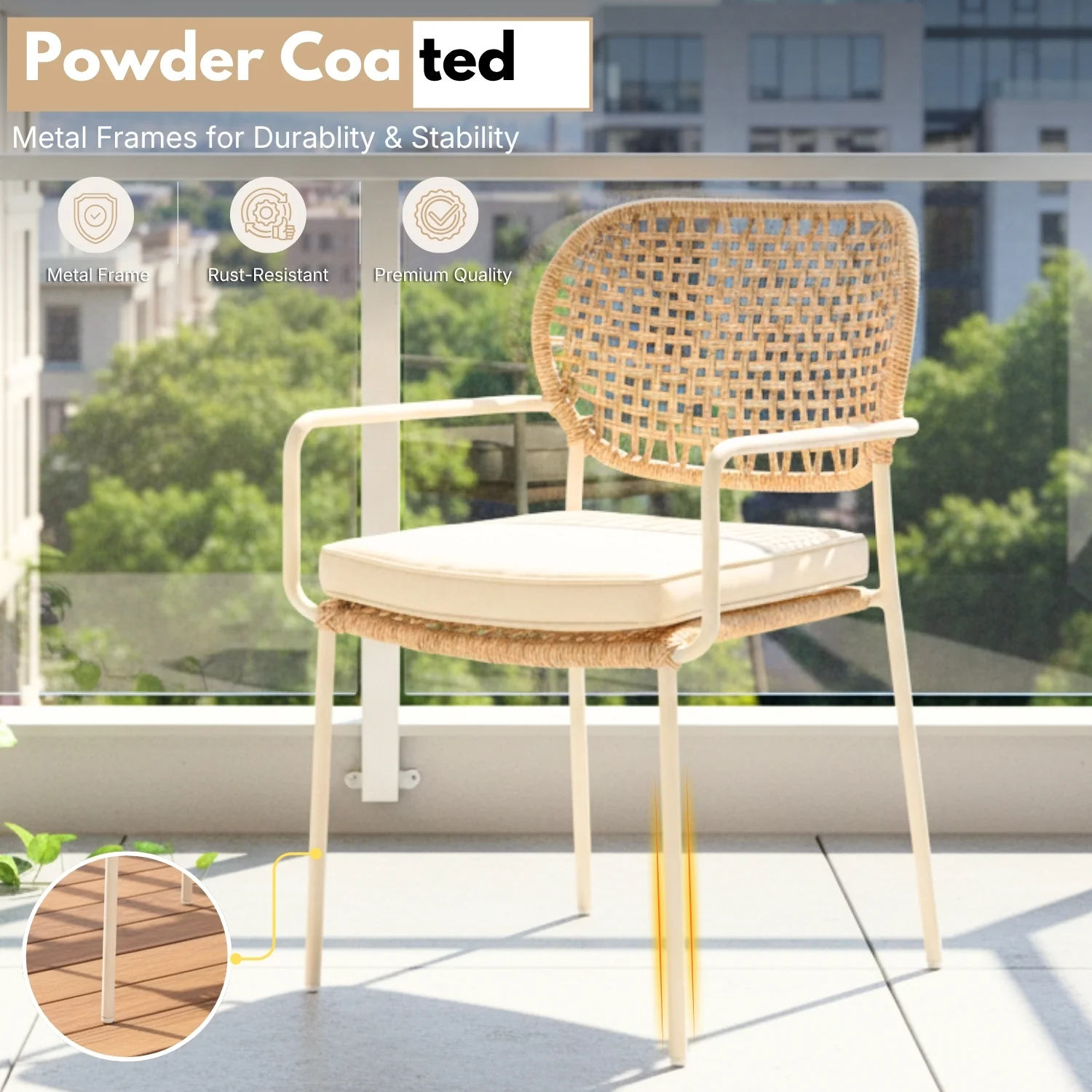Outdoor Rope Dining Chair with Cushion (Beige & Cream) - Image 6