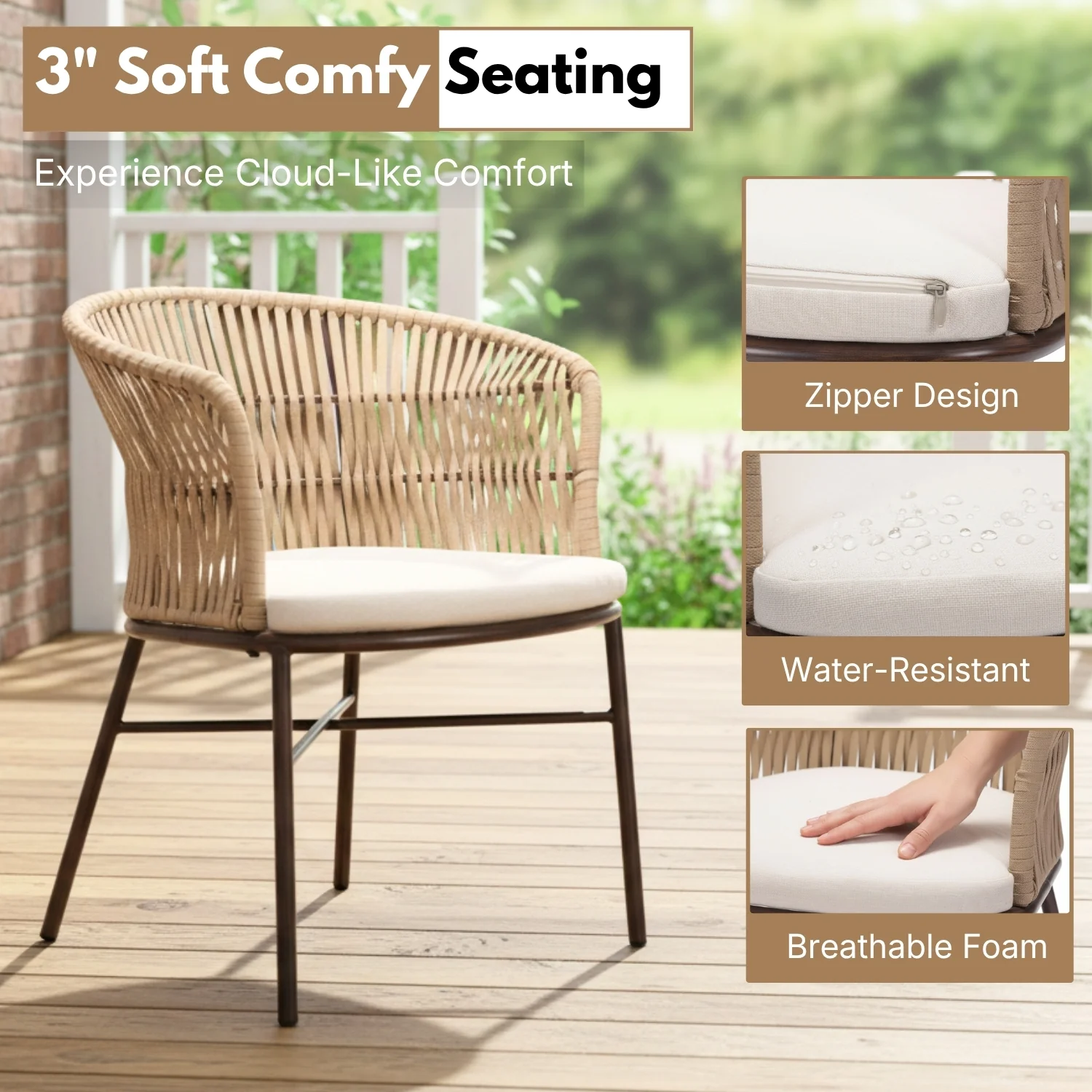 Outdoor Rope Dining Chair with Cushion (Beige & White) - Image 4