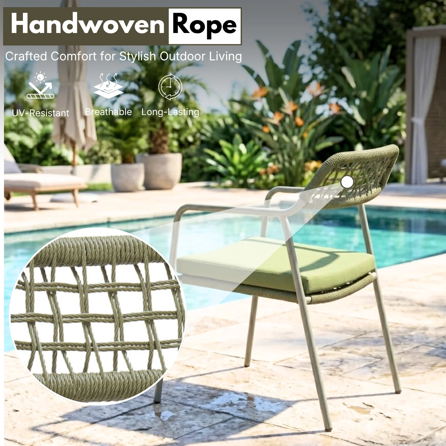 Outdoor Rope Dining Chair with Cushion (Green) - Image 3