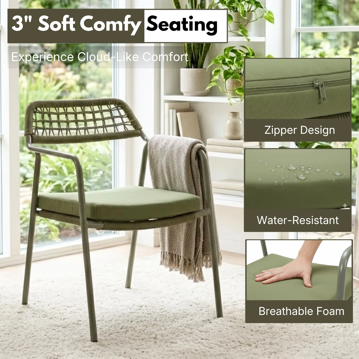 Outdoor Rope Dining Chair with Cushion (Green) - Image 4