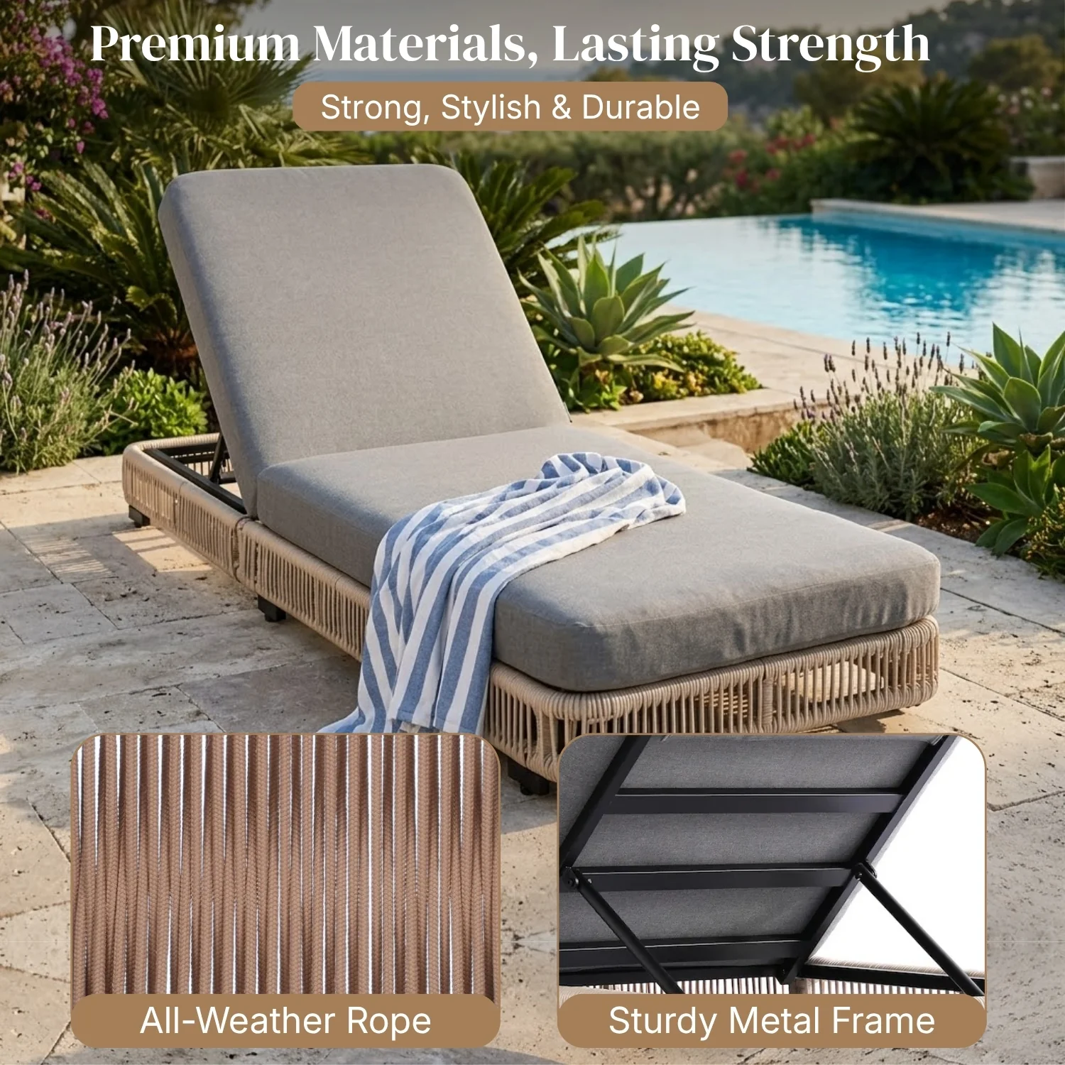 Outdoor Rope Lounger Set of 2 with Adjustable Backrest (Beige & Grey) - Image 3