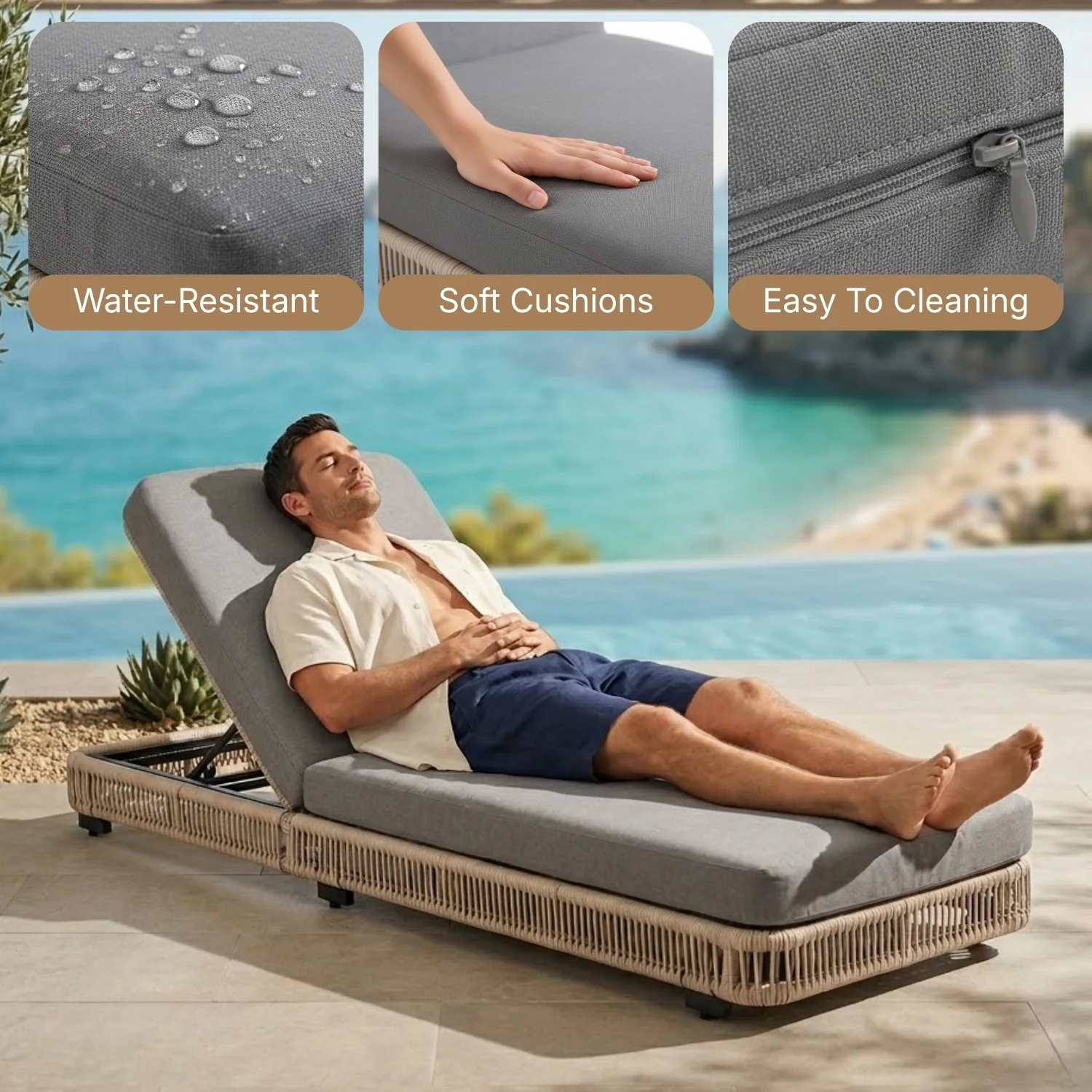Outdoor Rope Lounger Set of 2 with Adjustable Backrest (Beige & Grey) - Image 4