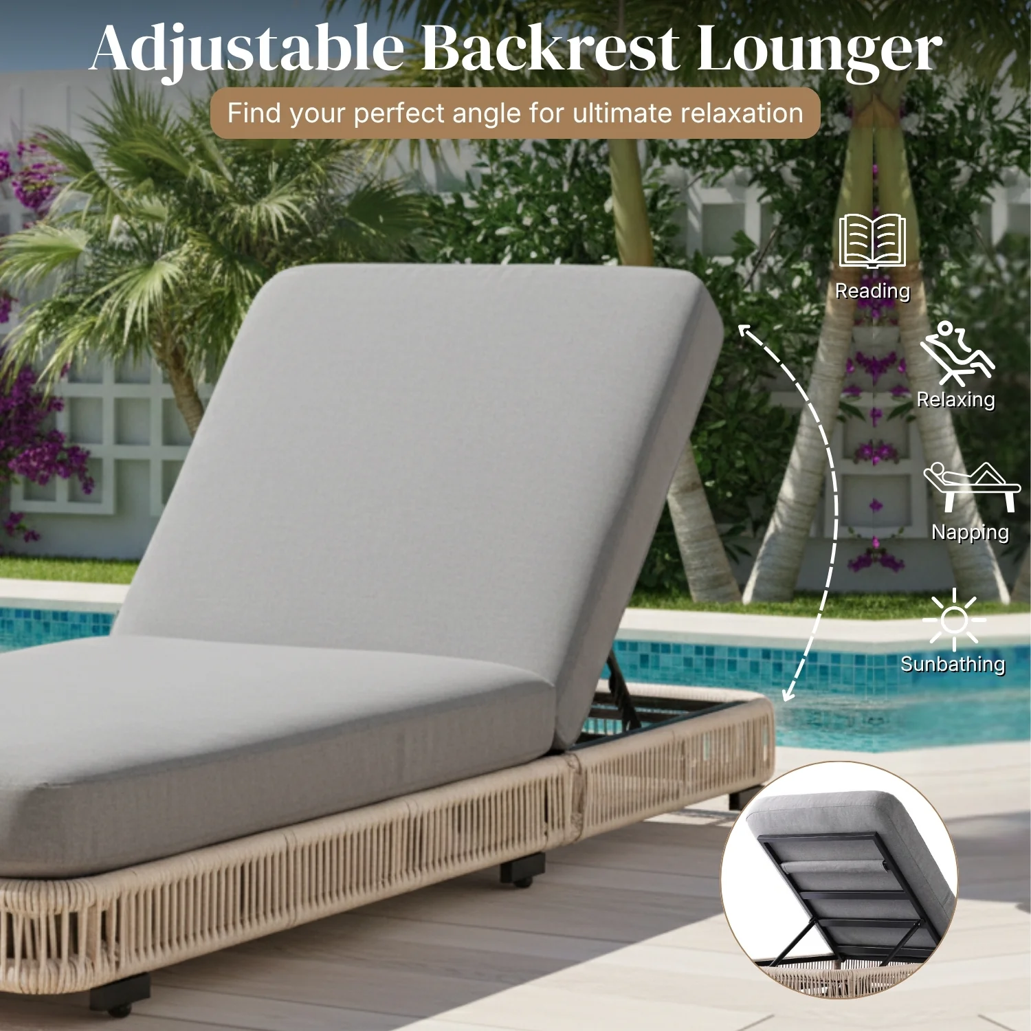 Outdoor Rope Lounger Set of 2 with Adjustable Backrest (Beige & Grey) - Image 5