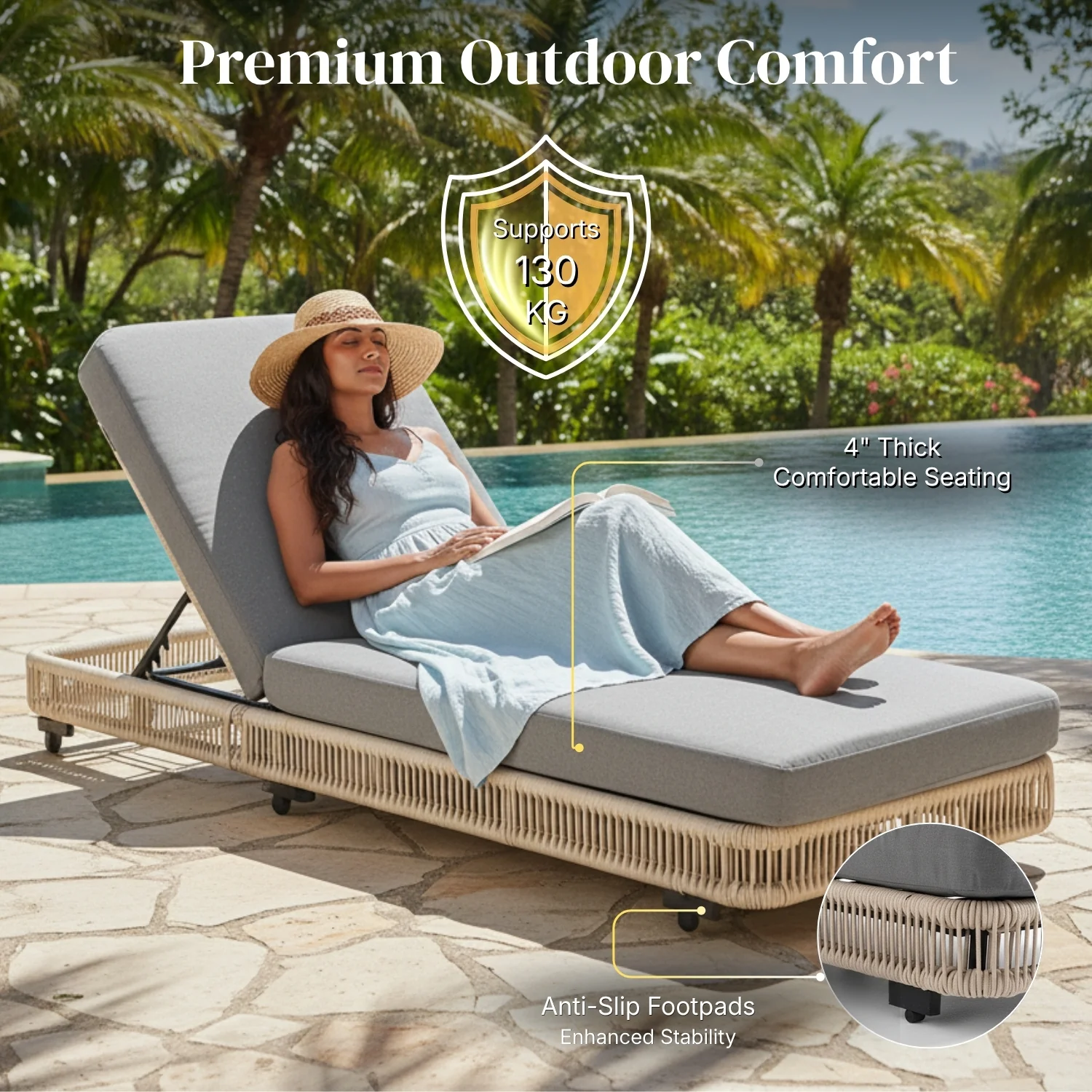 Outdoor Rope Lounger Set of 2 with Adjustable Backrest (Beige & Grey) - Image 6