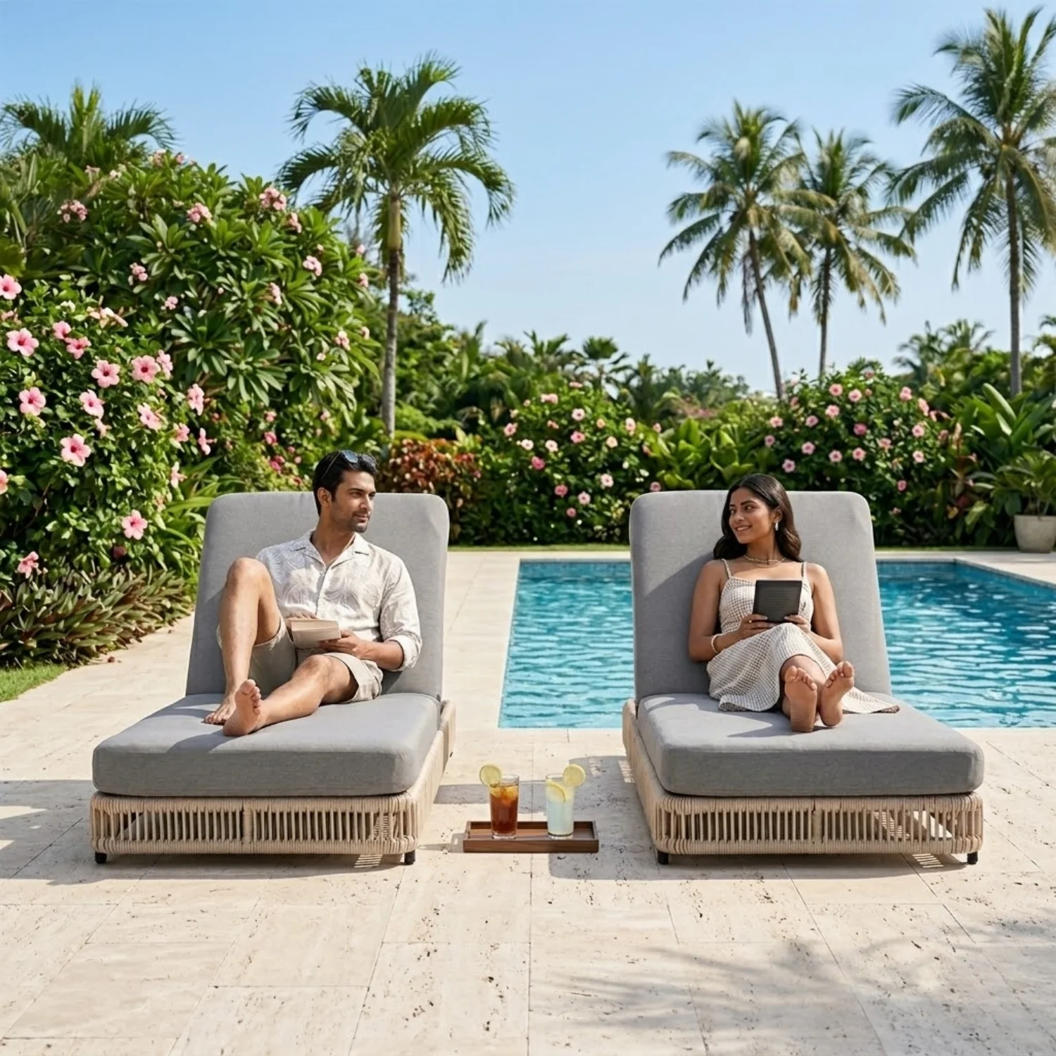 Outdoor Rope Lounger Set of 2 with Adjustable Backrest (Beige & Grey) - Image 9