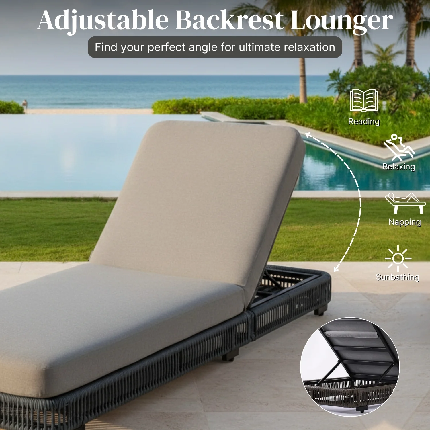 Outdoor Rope Lounger Set of 2 with Adjustable Backrest (Grey) - Image 5